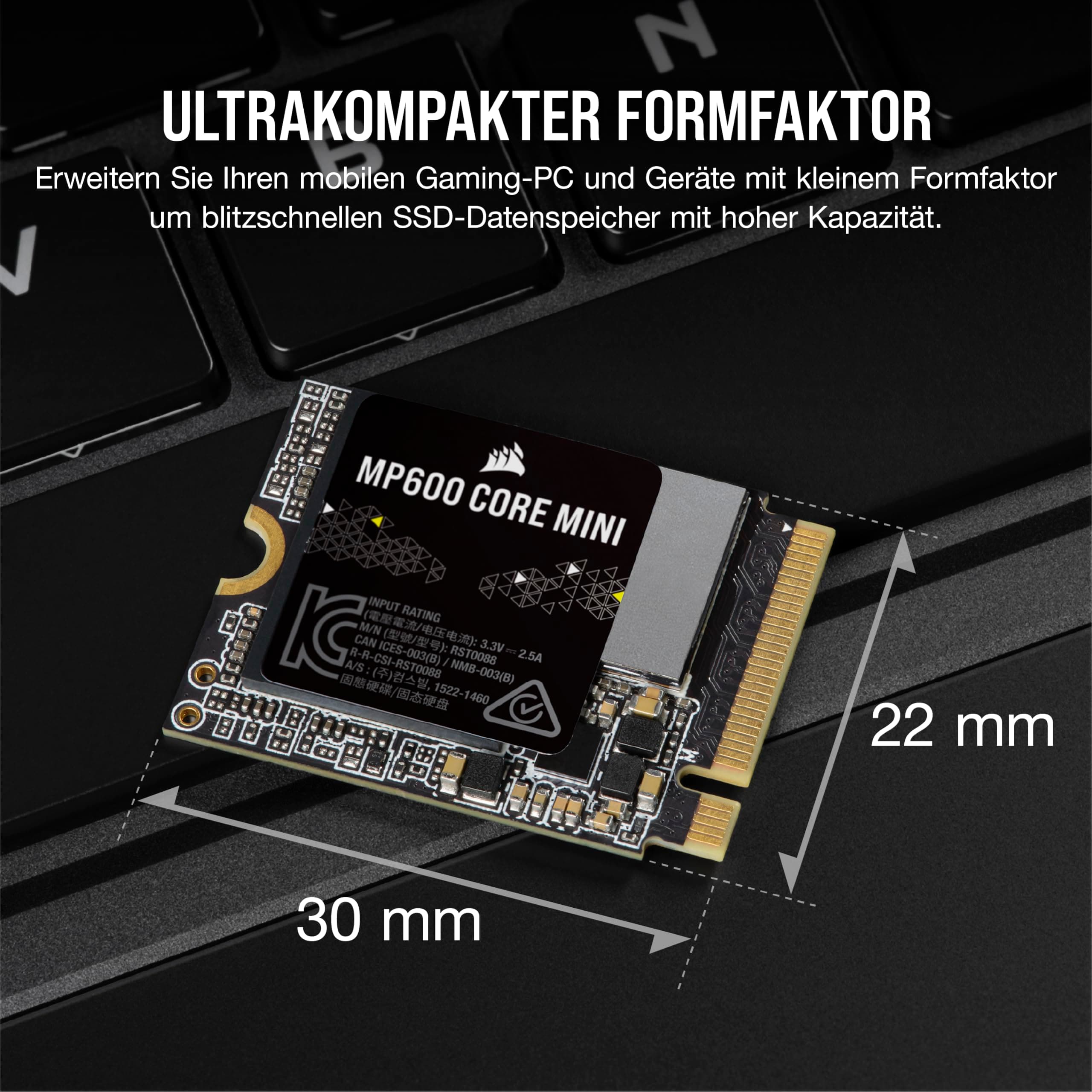Corsair MP600 CORE Mini 2TB M.2 NVMe PCIe x4 Gen4 2 SSD - M.2 2230 - Bis zu 5.000 MB/s Sequentielles Lesen - High-Density QLC NAND - Für Steam Deck, ASUS ROG Ally, Microsoft Surface Pro - Schwarz 2 TB Bild 3