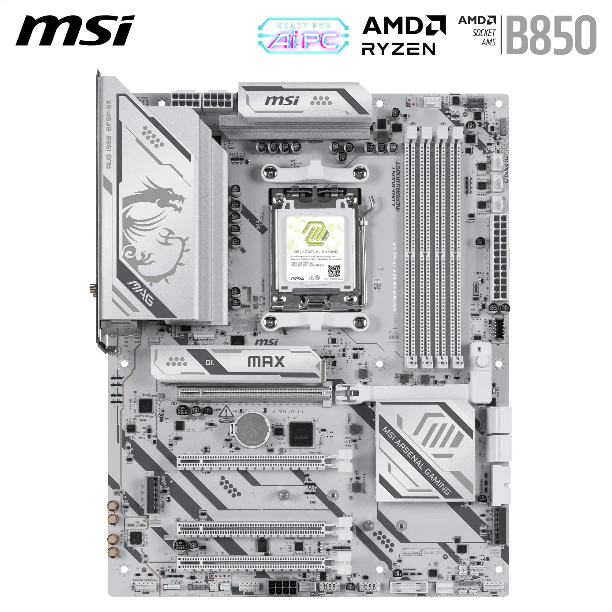 MSI MAG B850 Gaming Plus MAX WiFi Mainboard, ATX - Unterstützt AMD Ryzen 9000/8000/7000 Prozessoren, AM5, DDR5 Memory Boost (bis zu 8200+ MT/s OC), PCIe 5.0 x16, M.2 Gen5, Wi-Fi 7, 5G LAN Bild 3