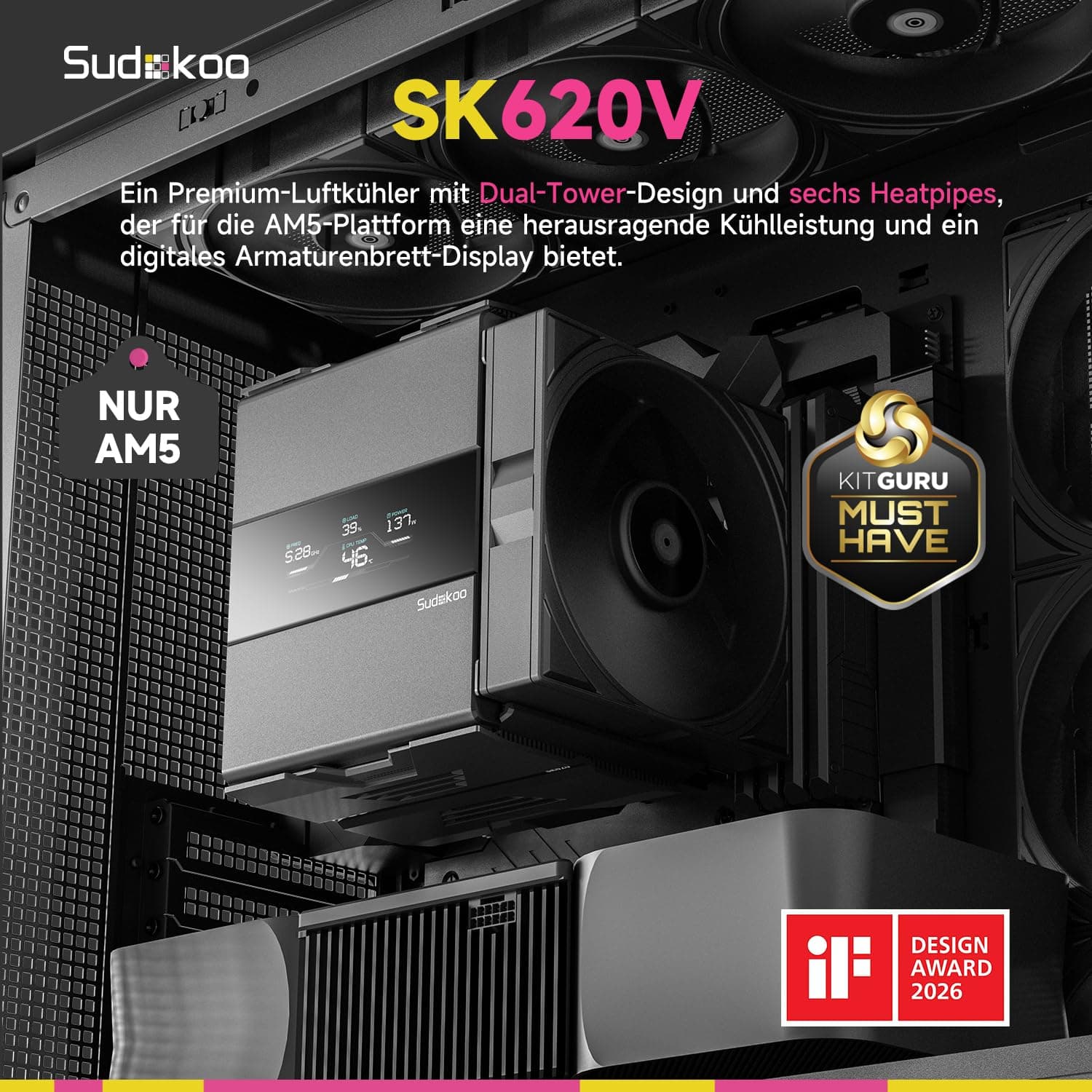 Sudokoo SK620V CPU Kühler : AM5 Exklusiv, CPU Cooler mit Digital Display, Prozessorlüfter mit 2 x 120mm PWM PC Lüfter FDB, 6 Heatpipes, Dual Tower, Werkzeuglose Lüftermontage, RAM-Kompatibilität Bild 3
