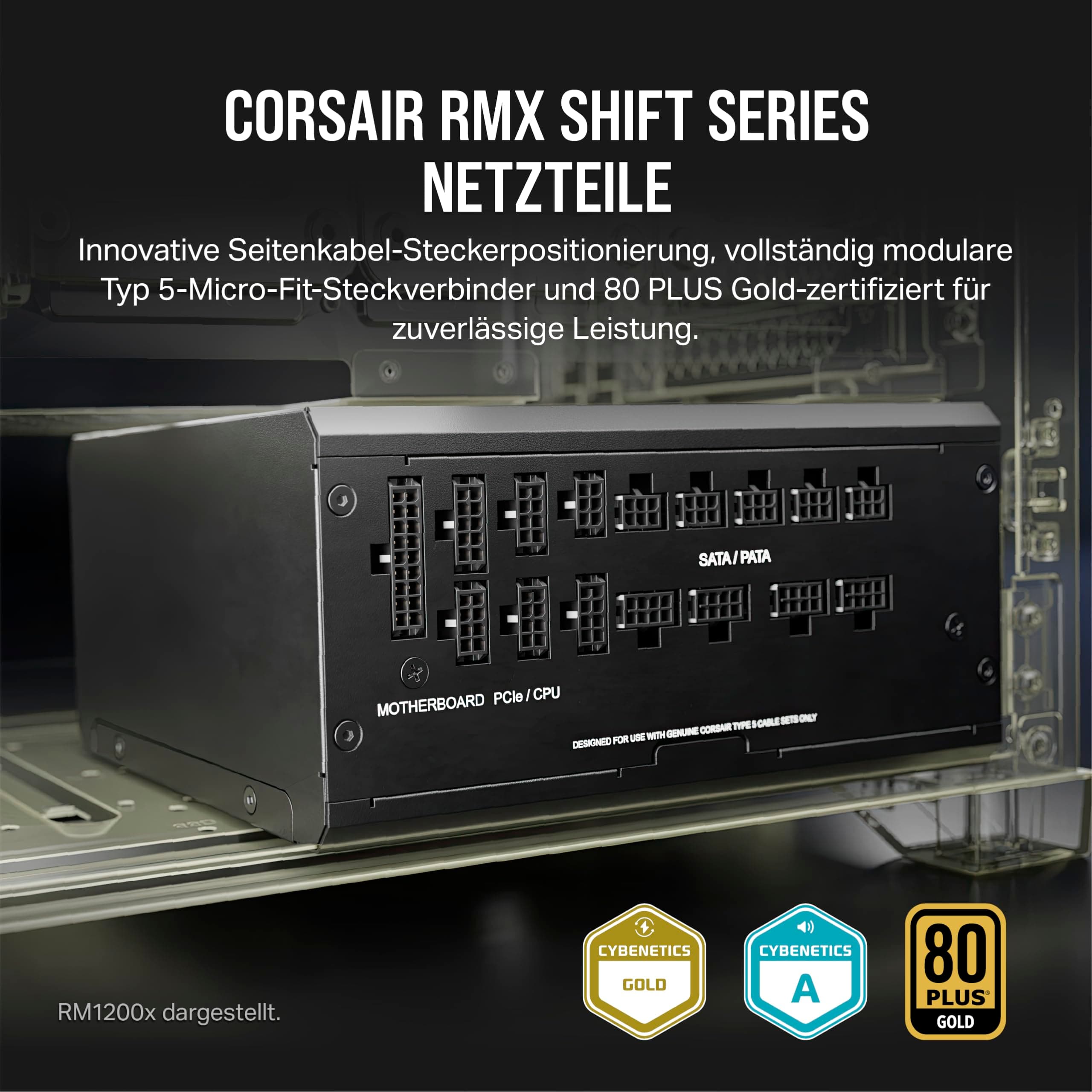 Corsair RM1000x Shift, Vollmodulares ATX-Netzteil, Modulare Seitenschnittstelle, ATX 3.1 & PCIe 5.1-kompatibel, Null-Drehzahl-Lüftermodus, 105°C-Kondensatoren, 80 Plus Gold-Effizienz, Schwarz 1000 Watts Schwarz Bild 3