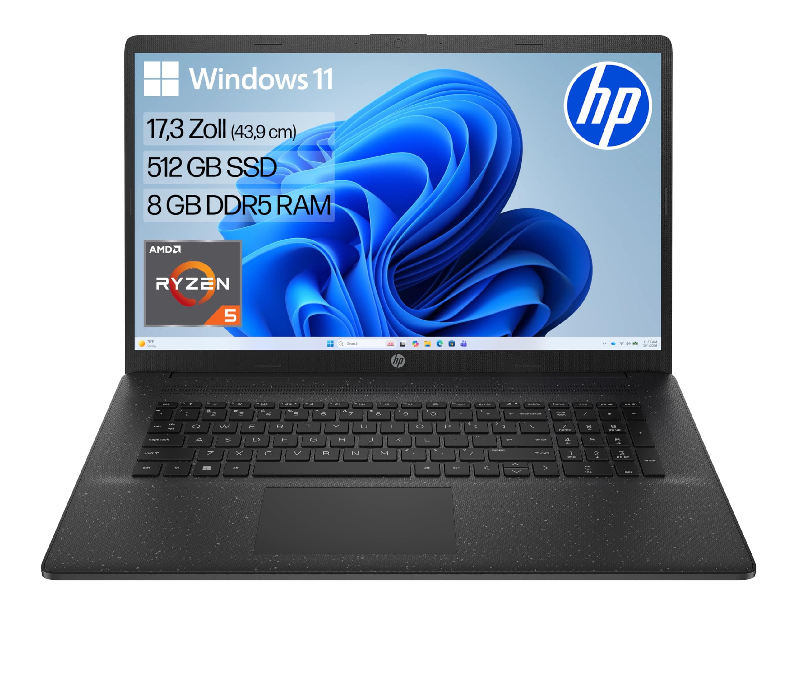 HP Laptop mit 17,3" FHD Display, AMD Ryzen 5 7520U, 8GB DDR5 RAM, 512 GB SSD, AMD Radeon-Grafik, Windows 11, QWERTZ, Schwarz inkl. 25 GB Dropbox-Speicher für 12 Monate AMD Ryzen 5 7520U + 8 GB DDR5 RAM + 512 GB SSD Ohne Copilot-Key Schwarz