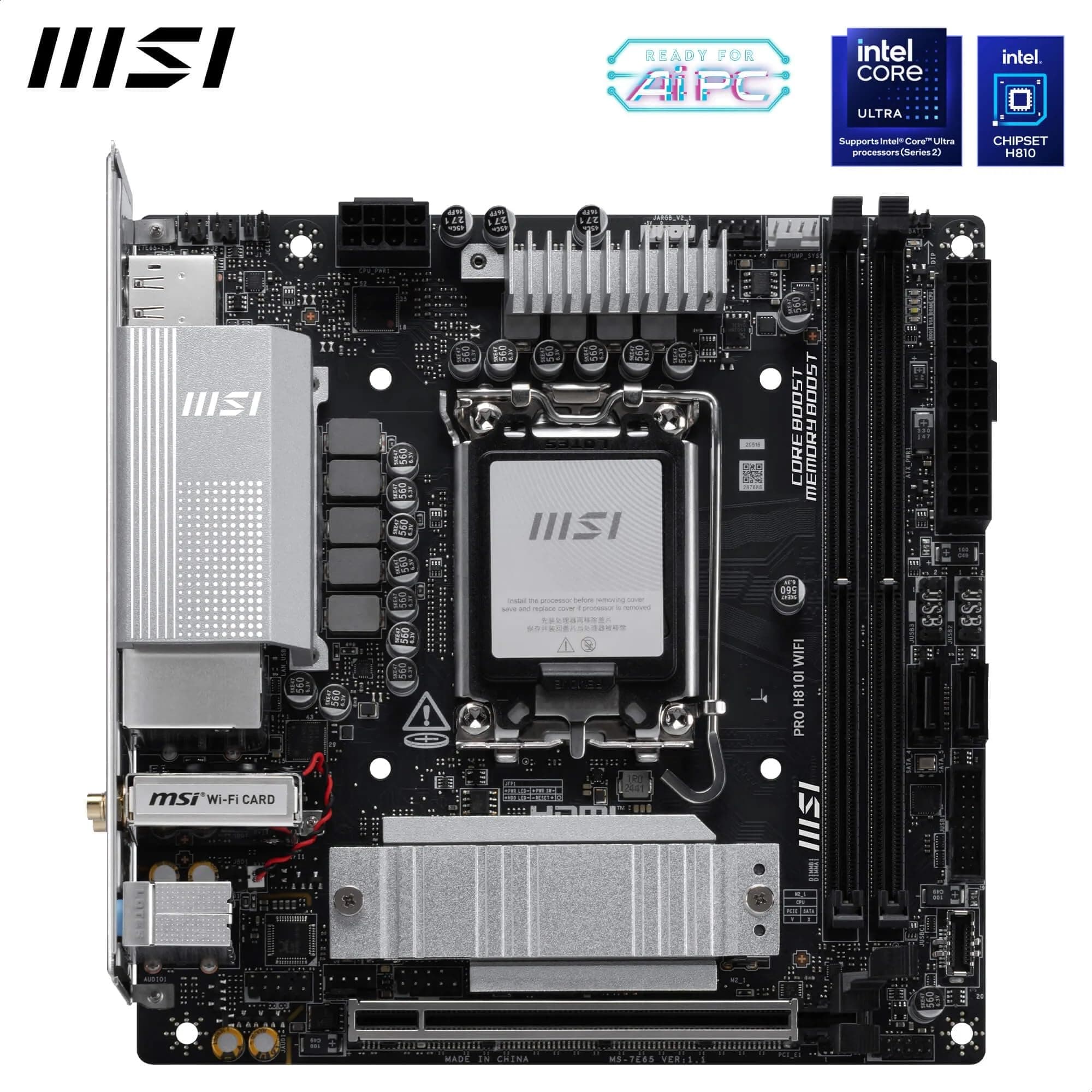 MSI PRO H810I WiFi Mainboard, ITX - Unterstützt Intel Core Ultra Prozessoren (Serie 2), LGA 1851 - DDR5 Memory Boost (6400 MT/s MAX), PCIe 5.0 x16, M.2 Gen4, 2.5G LAN Bild 3