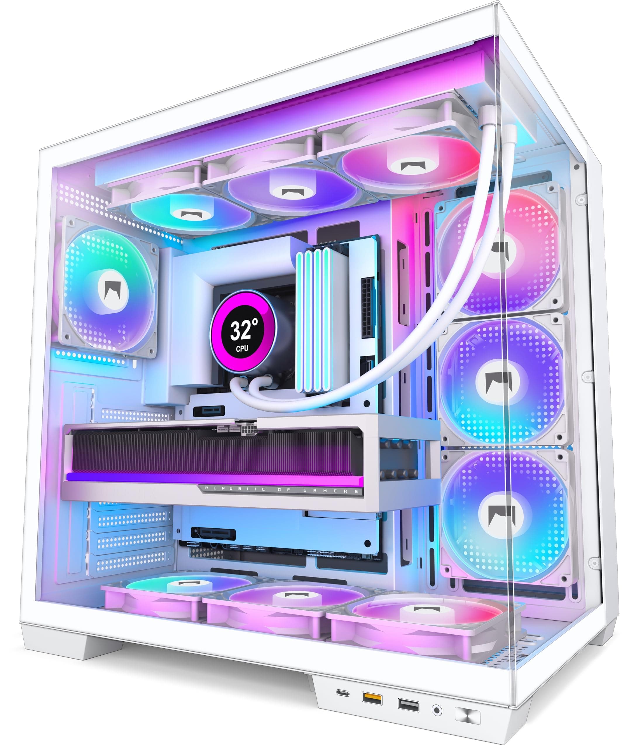 H1 ATX PC Gehäuse – Vorinstallierte 7 PWM ARGB Lüfter, Dual Kammer Mid Tower Gaming PC Gehäuse, mit Type-C, gleichzeitige Installation von 3X 360 mm Kühler (weiß, H1) H1 weiß