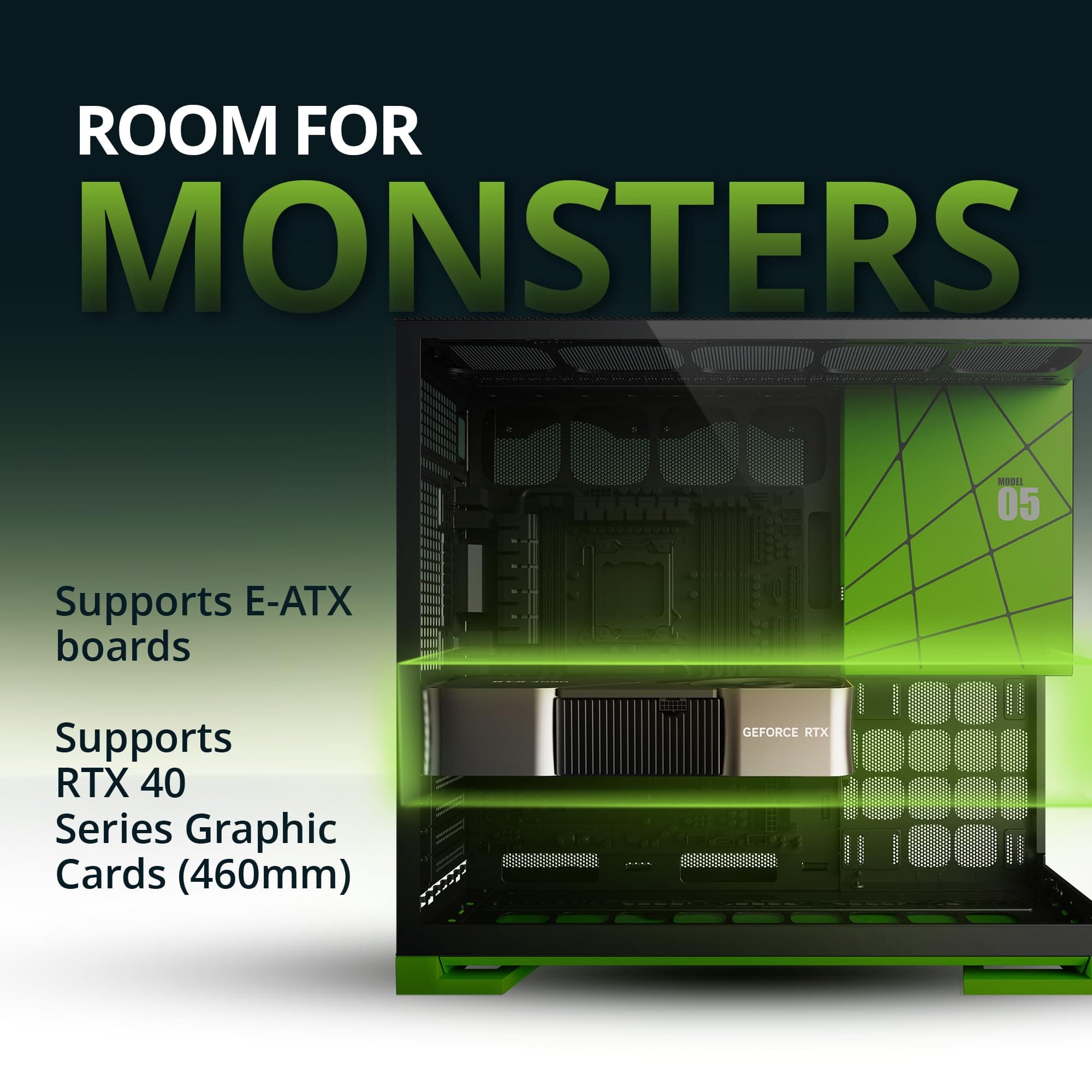 Geometric Future M5 Tempered Glass Mid Tower, E-ATX/ATX Gaming Case, 1.2mm Steel, Type C, Toolless Panels, Support 420/360 Radiator, Dual-Chamber, Black/Green, GEO-M5-BNY schwarz/grün Glass ver Bild 7