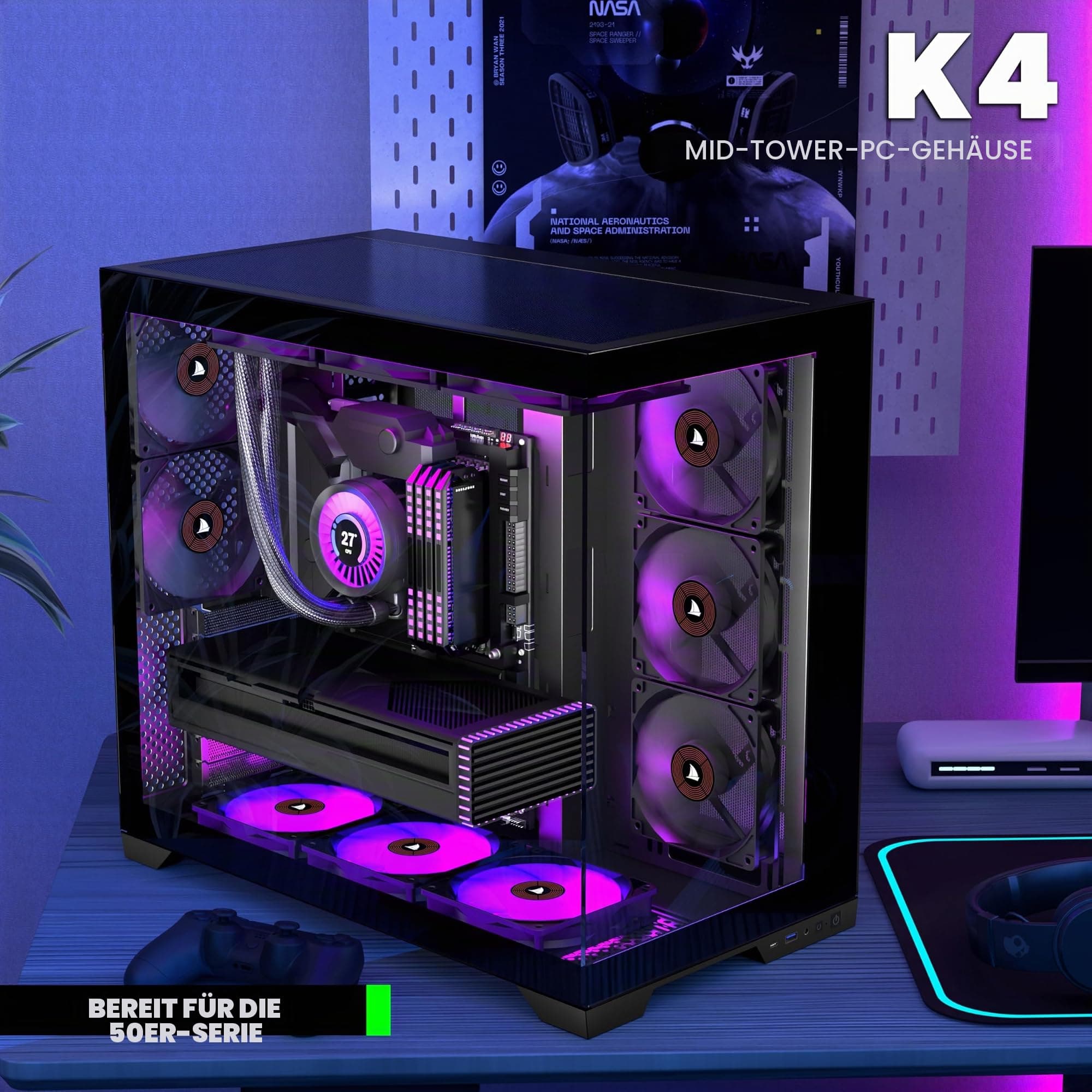 KEDIERS PC-Gehäuse ATX 5 Lüfter vorinstalliert, Typ-C-Mid-Tower-Computergehäuse mit Full-View-Dual-Hartglas, Gaming-PC-Gehäuse, Schwarz Bild 5