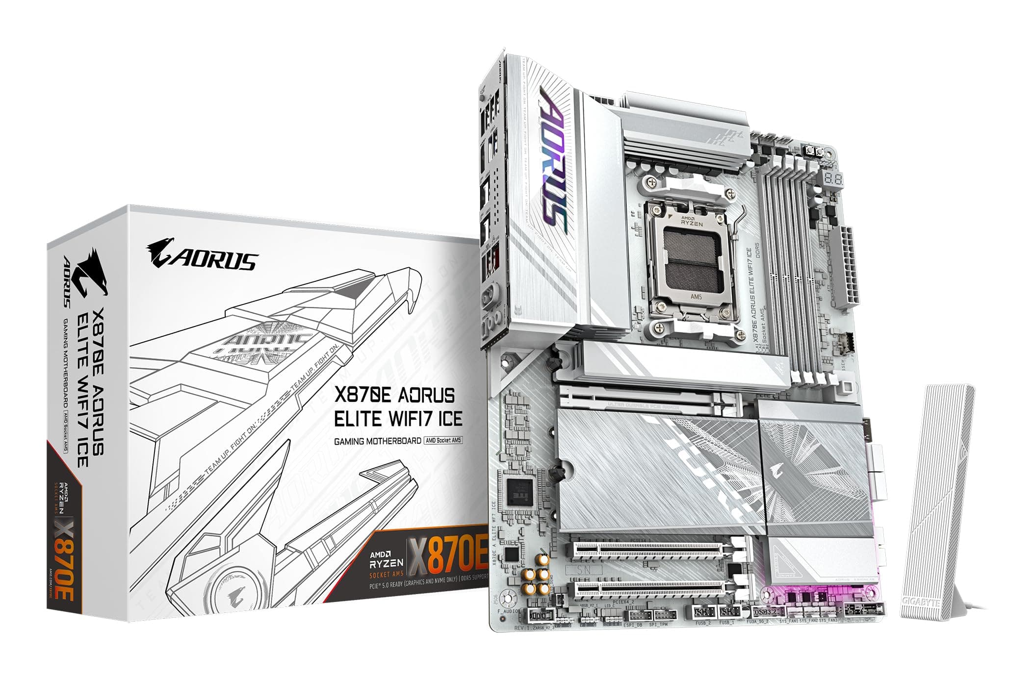 GIGABYTE X870E AORUS Elite WIFI7 Ice Mainboard – Unterstützt AMD Ryzen 9000 Prozessoren, digitales 16+2+2 Phasen VRM, bis zu 8200 MHz DDR5 (O.C.), 3X PCIe 5.0 + 1x PCIe 4.0, Wi-Fi 7, 2.5 GbE LAN Bild 2