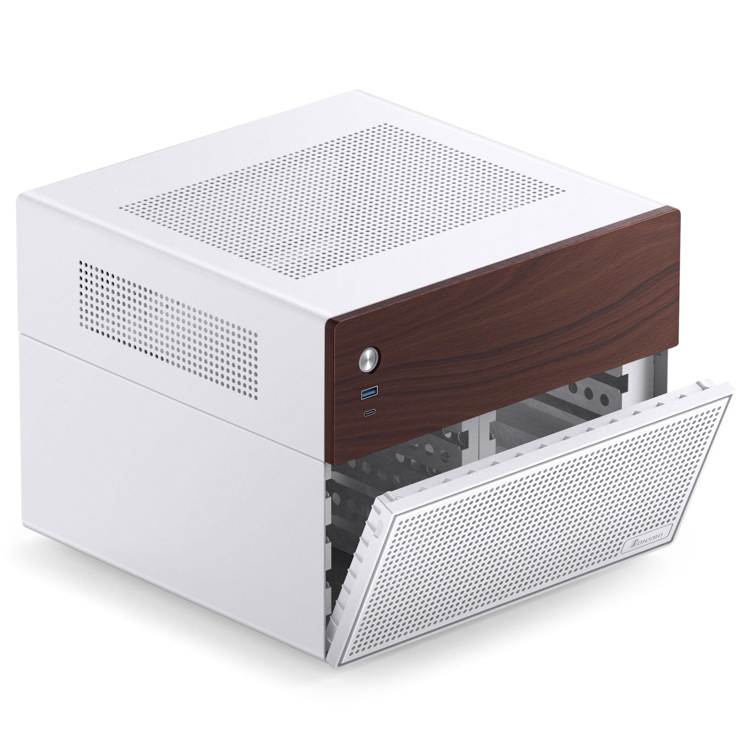 Jonsbo N4 NAS Gehäuse Weiß – Kompaktes Micro-ATX Case für DIY-NAS, Platz für 6X 3,5" & 2X 2,5" HDDs, 4 Low-Profile-Slots, USB-C & USB-A, Holzdesign Bild 7