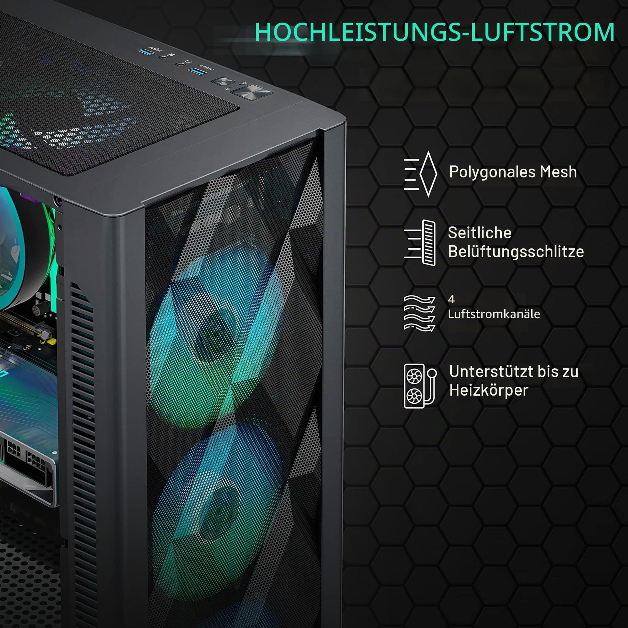 MUSETEX ATX PC Gehäuse Pre-Install 6 PWM ARGB Lüfter, Polygonal Mesh Computer Gaming Gehäuse, Öffnung gehärtetes Glas Seitenwand Mid-Tower Gehäuse, USB 3.0 x 2, Schwarz, NN8 Bild 5