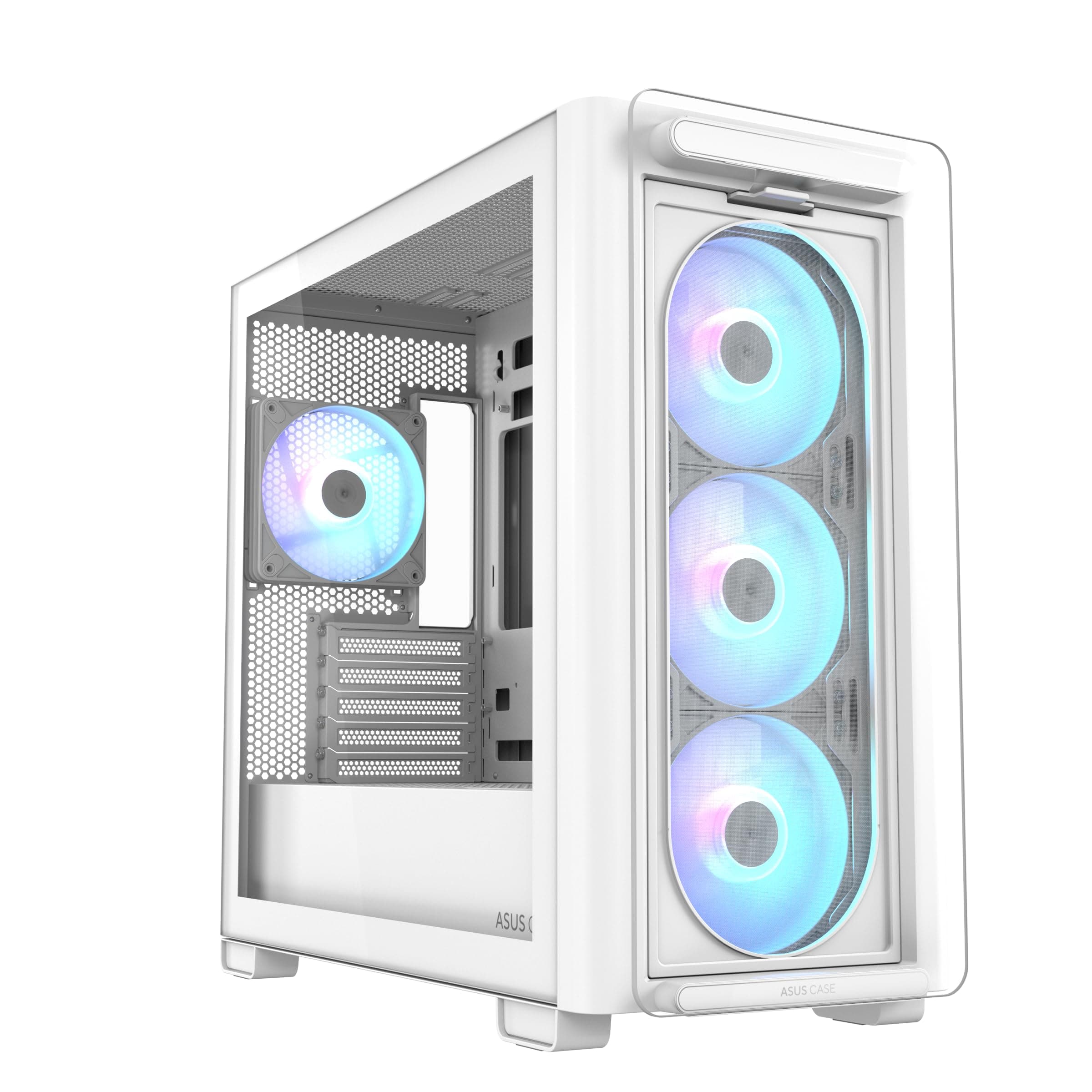 ASUS A23 Plus TG ARGB White microATX PC Gehäuse (vorinstallierte ARGB-Lüfter, Mesh Frontpanel, kompatibel mit Mainboards mit versteckten Anschlüssen, 360-mm-Radiatoren, 380-mm-Grafikkarten, weiß) Bild 4