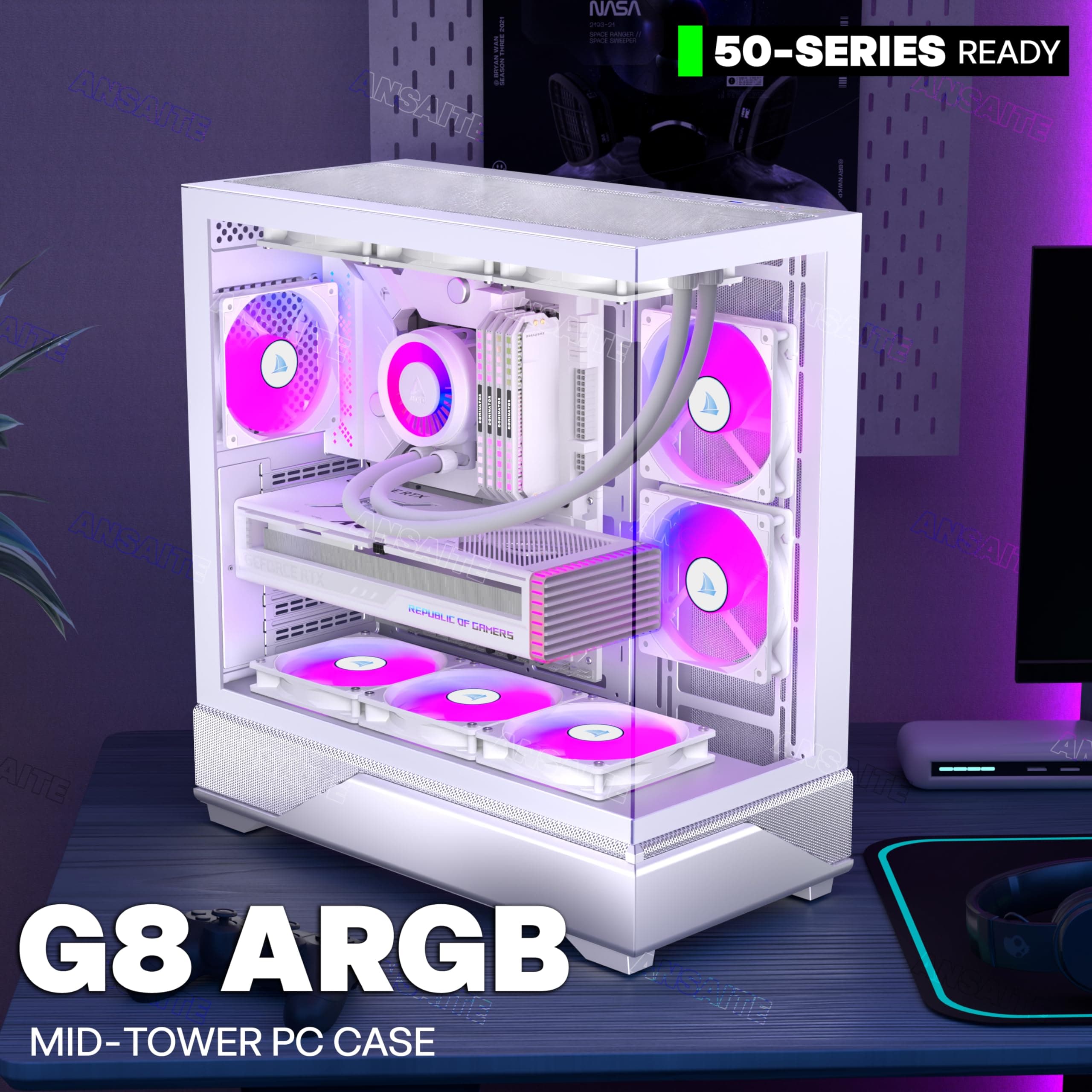 ANSAITE ATX PC-Gehäuse 6×120 mm ARGB PWM-Lüfter vorinstalliert ，Mid-Tower Gaming PC-Gehäuse, Panorama-Gehärtetes Glas Schwarz Computer-Gehäuse mit Typ-C, 360mm Radiator Unterstützung (Weiß) Bild 3