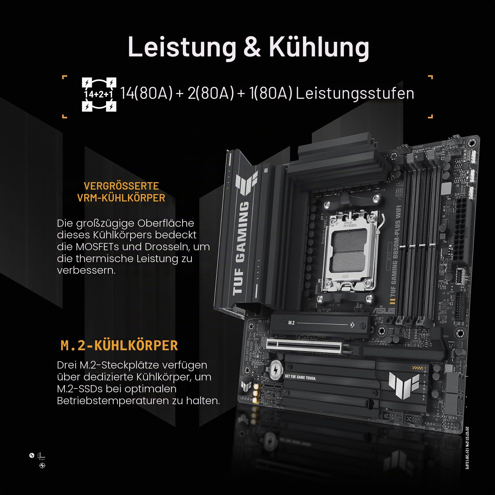 ASUS TUF Gaming B850M-PLUS WiFi AMD AM5 B850 mATX Motherboard, 14+2+1 80A DrMOS Stages, DDR5, PCIe 5.0, 3X M.2, Wi-Fi 6E, 2.5Gb LAN, DP, HDMI™, USB 10Gbps & 20Gbps Type-C®, BIOS Flashback™, Aura Sync Bild 5