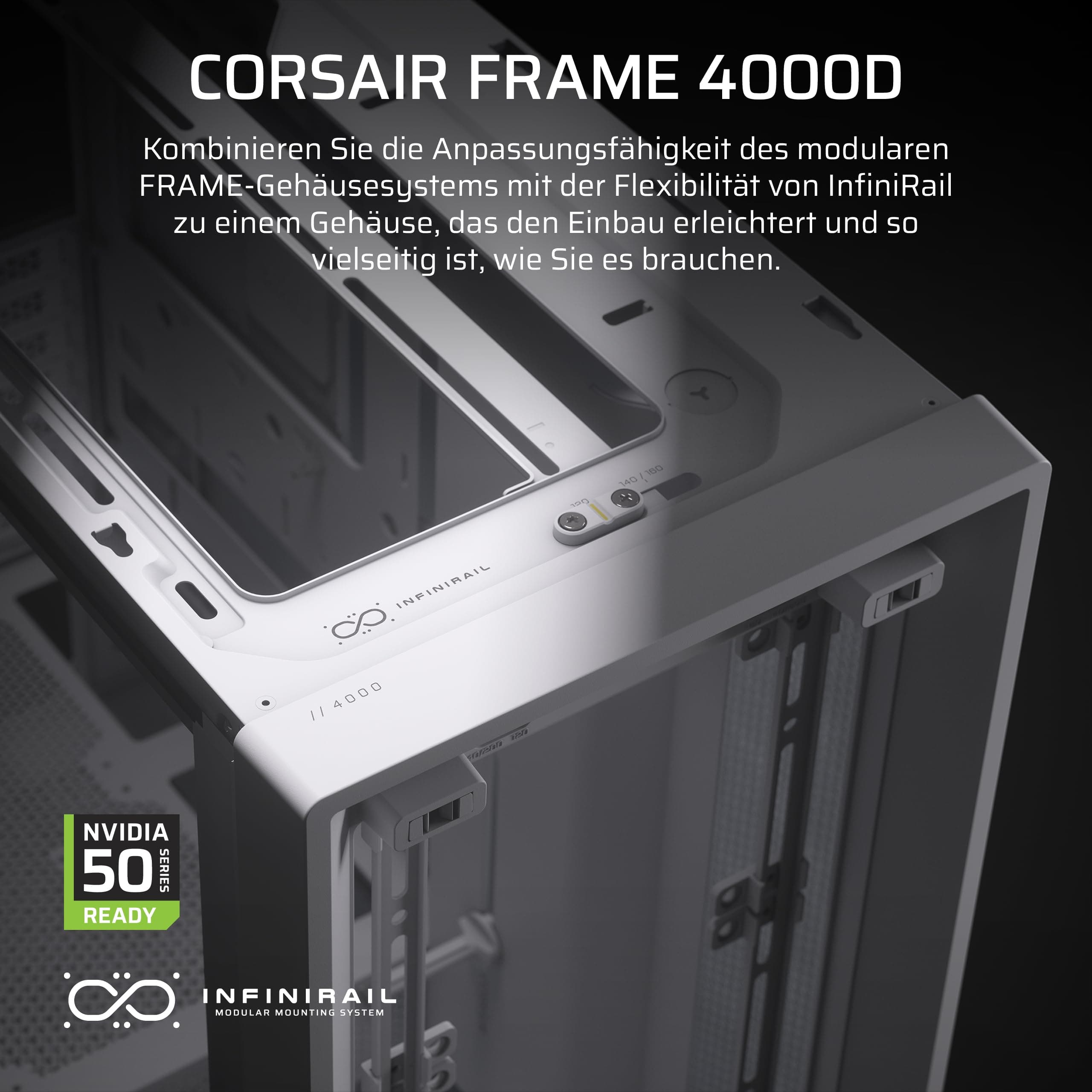 CORSAIR Frame 4000D Modulares Mid-Tower ATX PC-Gehäuse – Hoher Luftstrom, InfiniRail™ Ventilator-Montagesystem, ASUS BTF, MSI Project Zero, Gigabyte Project Stealth – Weiß FRAME 4000D Weiß Bild 3