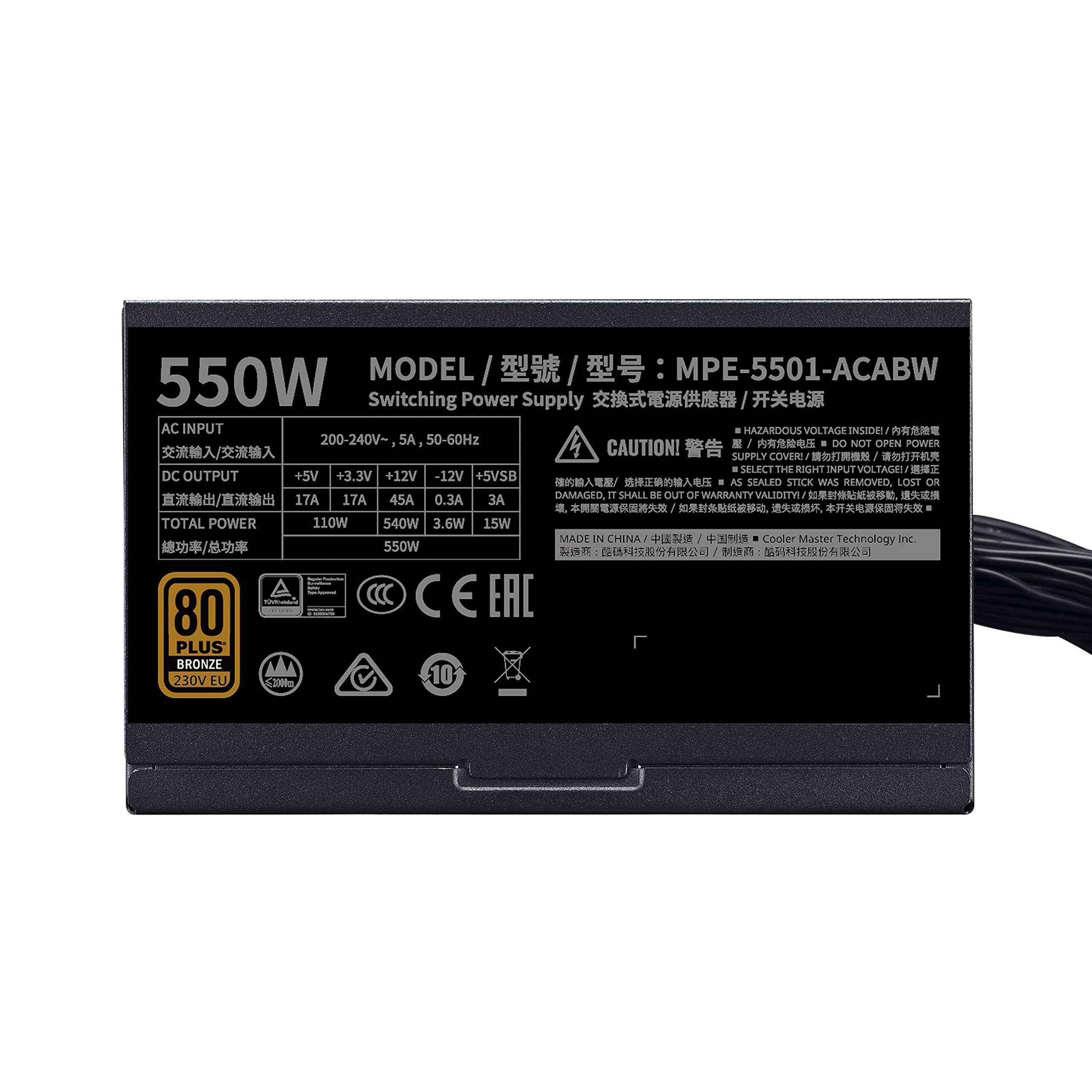Cooler Master MWE 550 Bronze 230V V2, PC-Netzteil (EU-Stecker), 80 PLUS Bronze, temperaturempfindlichen HDB-Lüfter, DC-DC + LLC-Schaltung mit + 12V-Schiene, nicht modular Bild 5