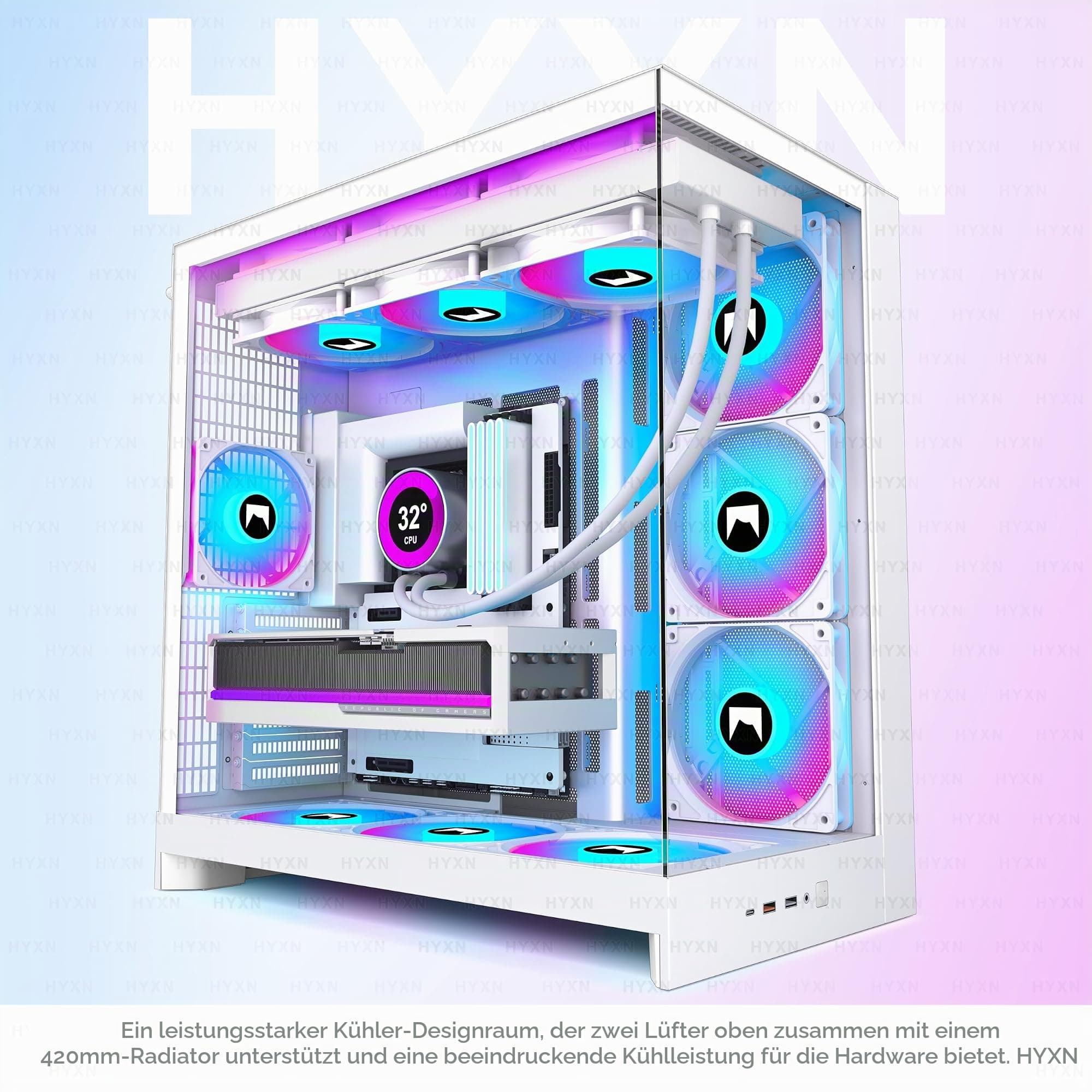 H2(2026) HYXN PC Gehäuse ATX mit 8 Lüfter(6X140 und 2X120) Groß Dual Kammer Mid-Tower Computer Gehäuse Airflow Gaming PC-Gehäuse,Unterstützt 420mm-Wasserkühler,Gaming Gehäuse (Weiß, H2) Weiß H2 Bild 3