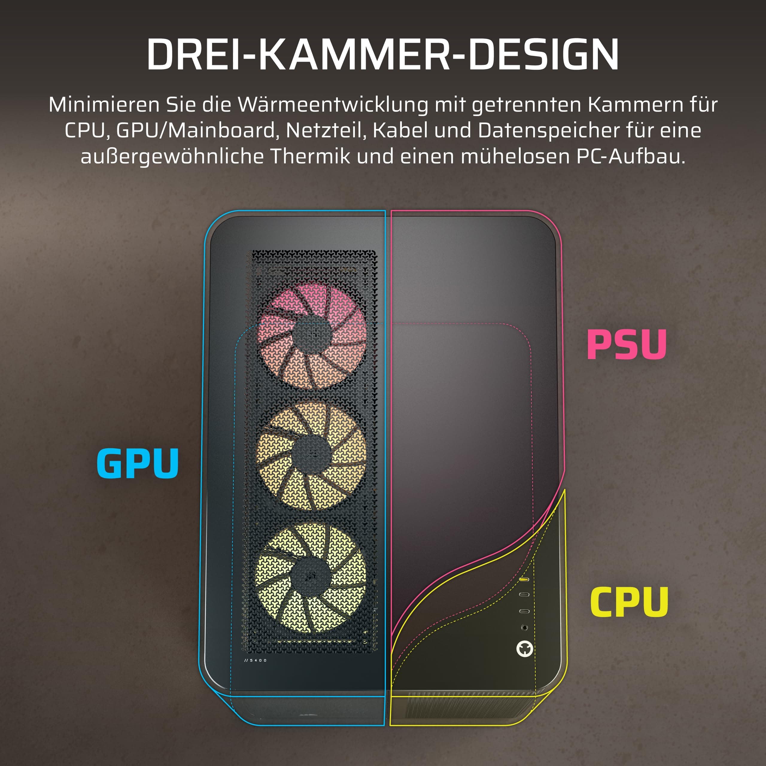 CORSAIR AIR 5400 LX-R RGB iCUE LINK Mid-Tower PC-Gehäuse – Schwarz | Dreifach-Kammer, 3x Vorinstallierte Reverse-Rotor LX-R RGB-Lüfter, Reverse Motherboard-Unterstützung Bild 5