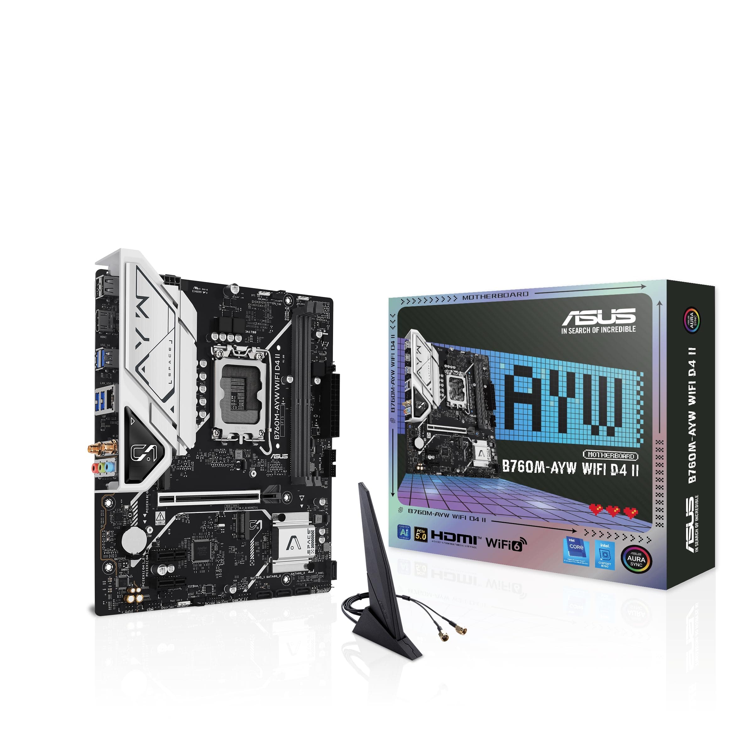 ASUS B760M-AYW WiFi D4 II Intel B760 (LGA 1700) mATX Micro ATX Mainboard, PCIe 5.0 x16 Unterstützung, Zwei M.2-Slots, DDR4, Realtek 2,5 GB Ethernet, Wi-Fi 6, HDMI, SATA 6 Gbit/s, USB Frontal 5 Gbit/s Bild 2