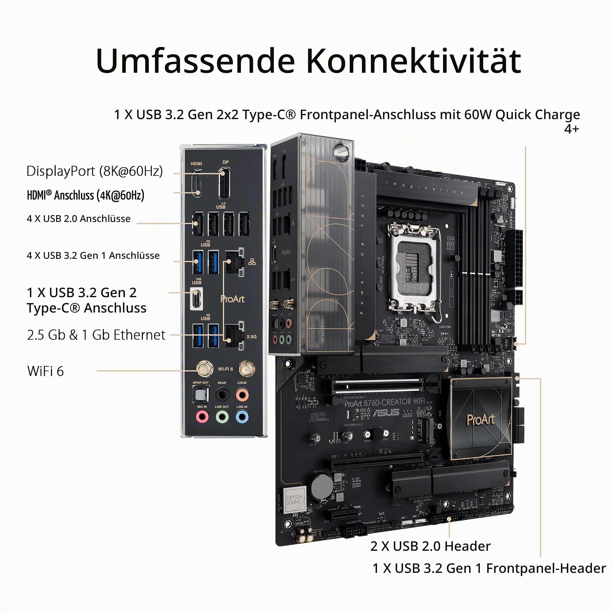 ASUS PROART B760-CREATOR WiFi Mainboard Sockel Intel LGA1700 (ATX, PCIe 5.0, DDR5 Speicher, WiFi 6, 3X M.2, USB 3.2 Gen2x2, für Content Creator) Bild 3