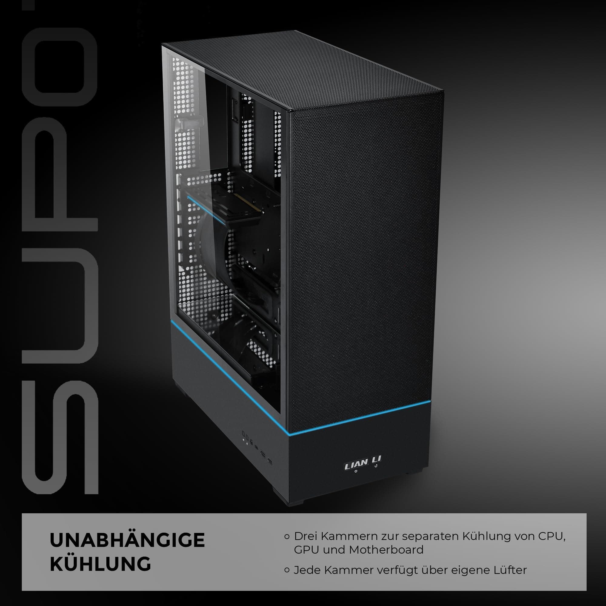 Lian Li SUP-01X PC-Gehäuse, Triple Cooling Chamber Design, 400mm GPU-Freiraum, unterstützt Radiatoren bis zu 360mm, DREI vorinstallierte 120mm Lüfter, Stahl, gehärtetes Glas, Schwarz Bild 3