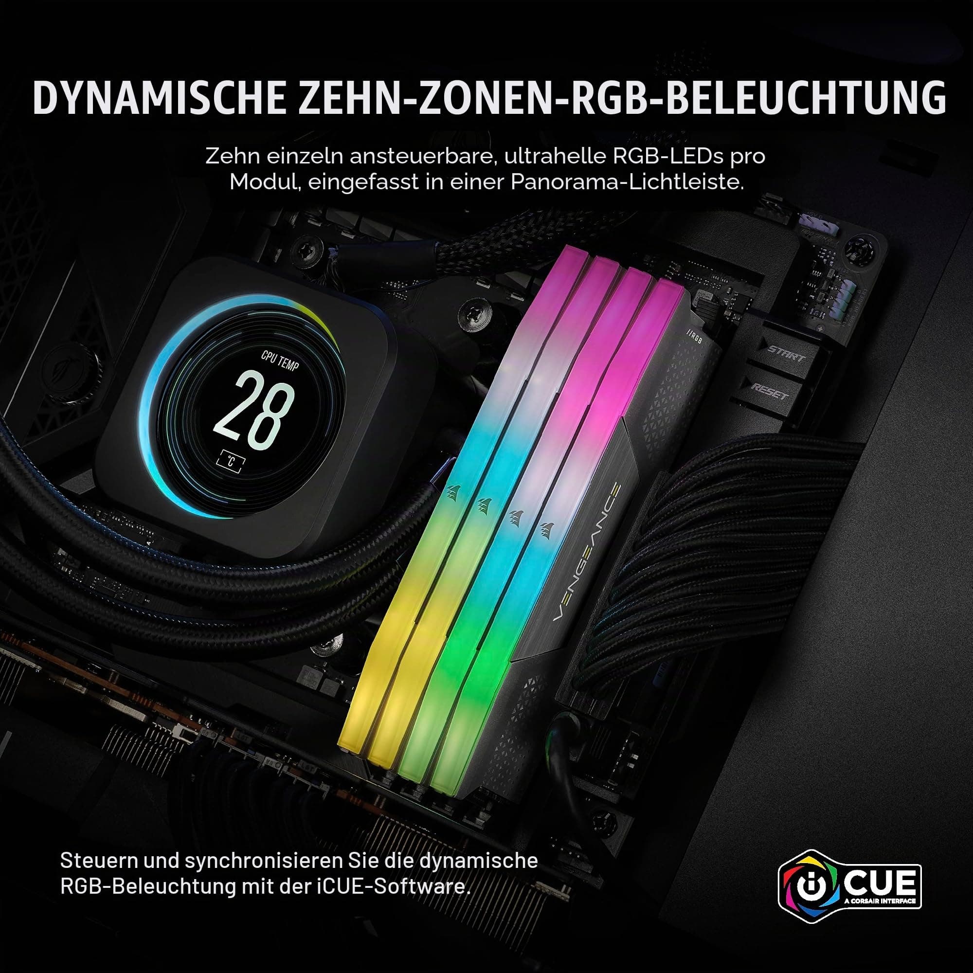 Corsair Vengeance RGB DDR5 64GB (2x32GB) 5200MHz C40 AMD Optimierter Desktop-Speicher (Dynamische Zehn-Zonen-RGB-Beleuchtung, Onboard-Spannungsregelung, AMD Expo-Kompatibilität) Kühles Grau Bild 7