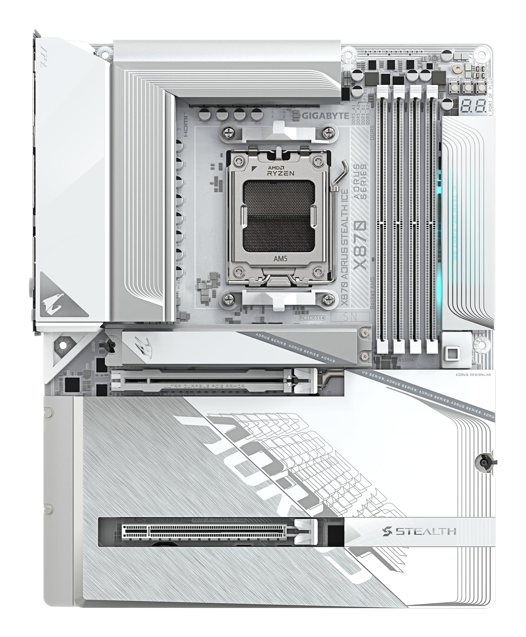 GIGABYTE X870 AORUS Stealth Ice Mainboard – Unterstützt AMD Ryzen 9000 CPUs, digitales 16+2+2 Phasen VRM, bis zu 8200 MHz DDR5 (OC), 2 x PCIe 5.0 + 2 x PCIe 4.0, Wi-Fi 7, 5 GbE LAN, USB 4 Bild 3