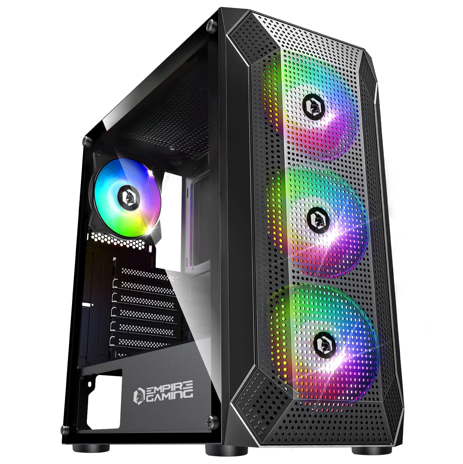 EMPIRE GAMING - PC-Gehäuse Gamer Ruby – ARGB Mittelgroßer Tower ATX, MATX, ITX – Netzblende – Seitenwand aus Acrylglas – 4 Ventilatoren 3 Pin 5V LED RGB Adressierbar 120 mm – MB Sync – Schwarz Ruby B