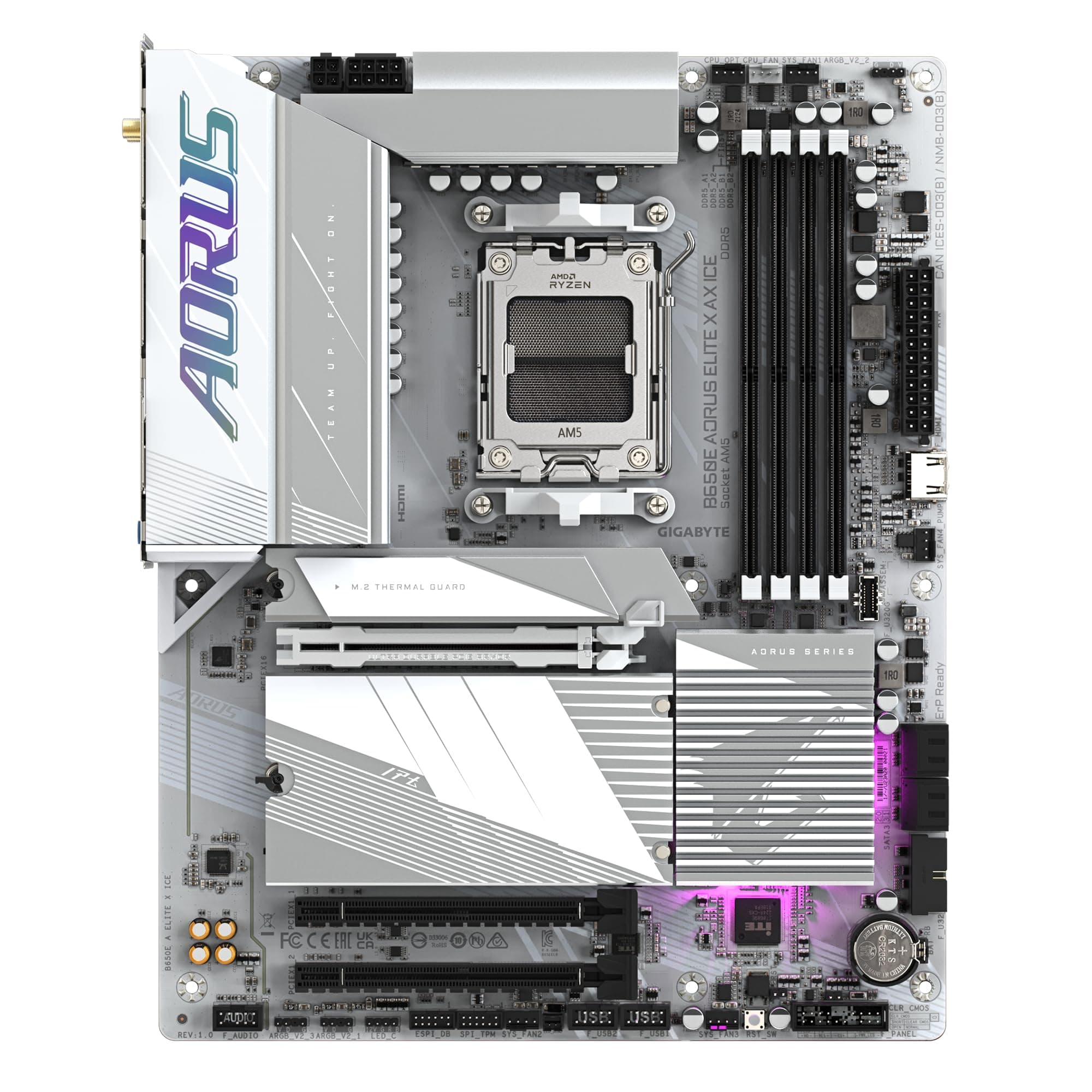 GIGABYTE B650E AORUS Elite X AX Ice Mainboard - AMD Ryzen 9000er-Serie, 12+2+2 Phasen VRM, bis zu 8000 MHz DDR5 (OC), 1xPCIe 5.0 + 2xPCIe 4.0 M.2, 2,5 GbE LAN, WiFi 6E, USB 3.2 Gen 2 Bild 3