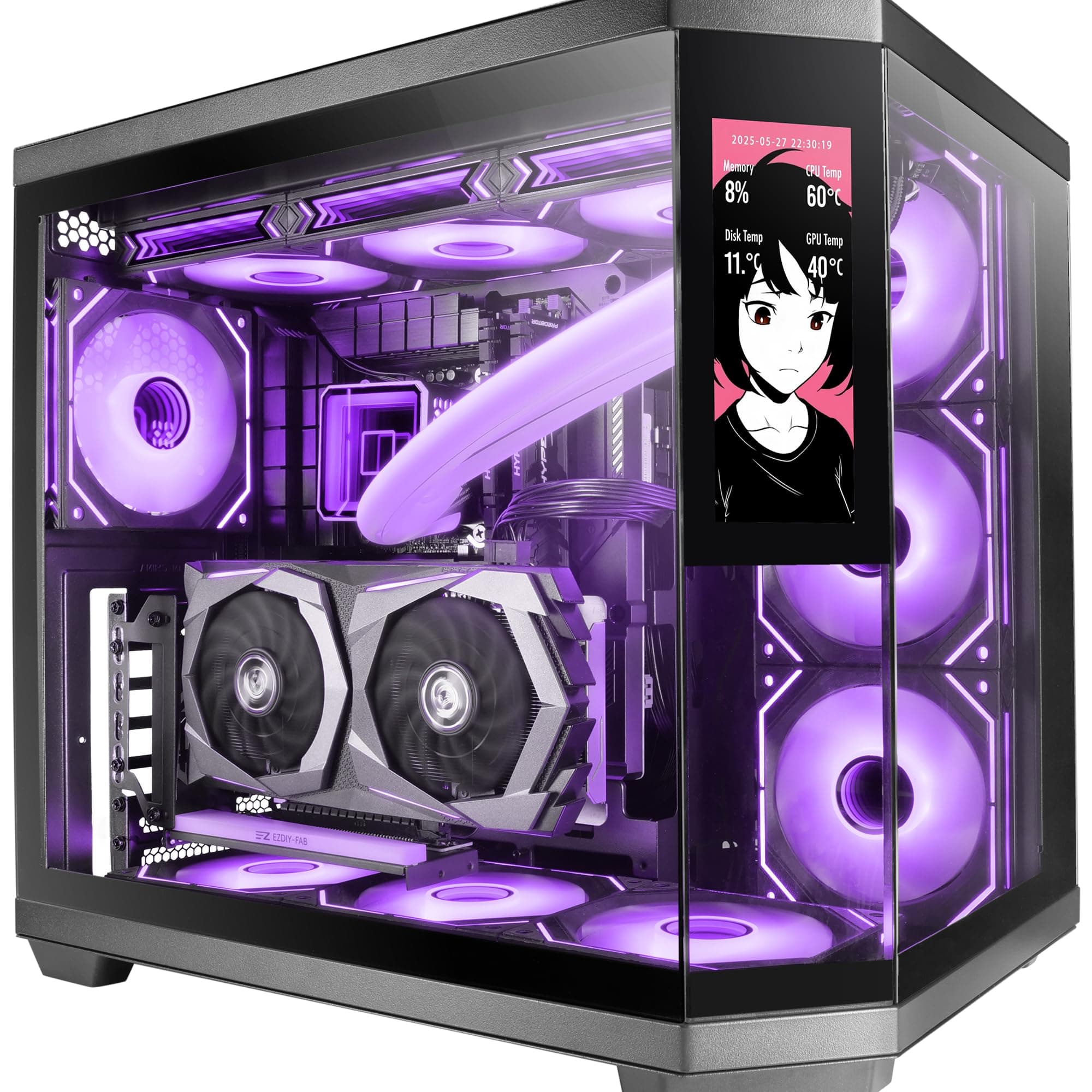 Mars Gaming MC-3TCORELCD ATX Gaming-Gehäuse, anpassbarer 7,2" IPS-Bildschirm, dreifaches herausnehmbares gehärtetes Glas, Doppelkammerstruktur, Unterstützung für Flüssigkeitskühlung bis 360mm, Schwarz Bild 2