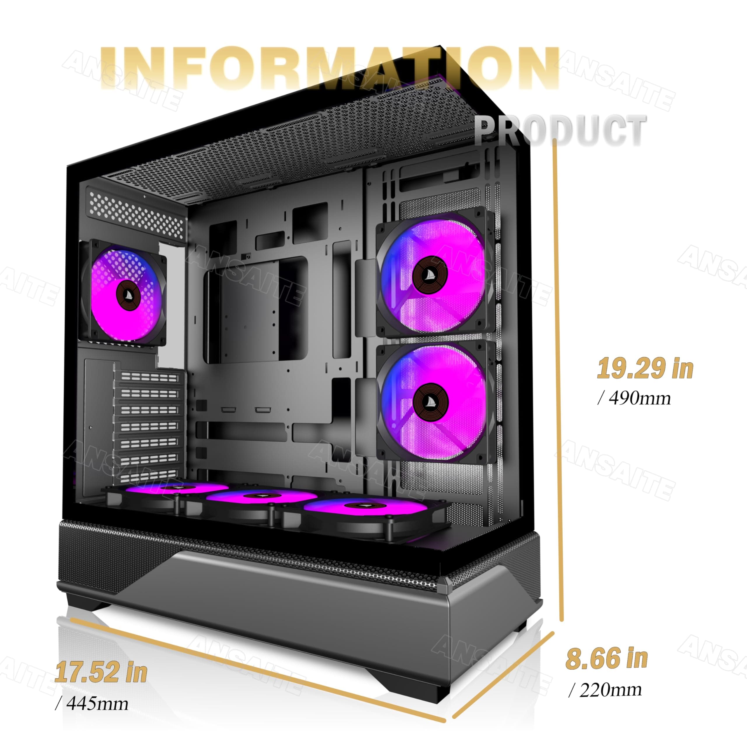 ANSAITE ATX PC-Gehäuse 6×120 mm ARGB PWM-Lüfter vorinstalliert ，Mid-Tower Gaming PC-Gehäuse, Panorama-Gehärtetes Glas Schwarz Computer-Gehäuse mit Typ-C, 360mm Radiator Unterstützung (Schwarz) violett Bild 7