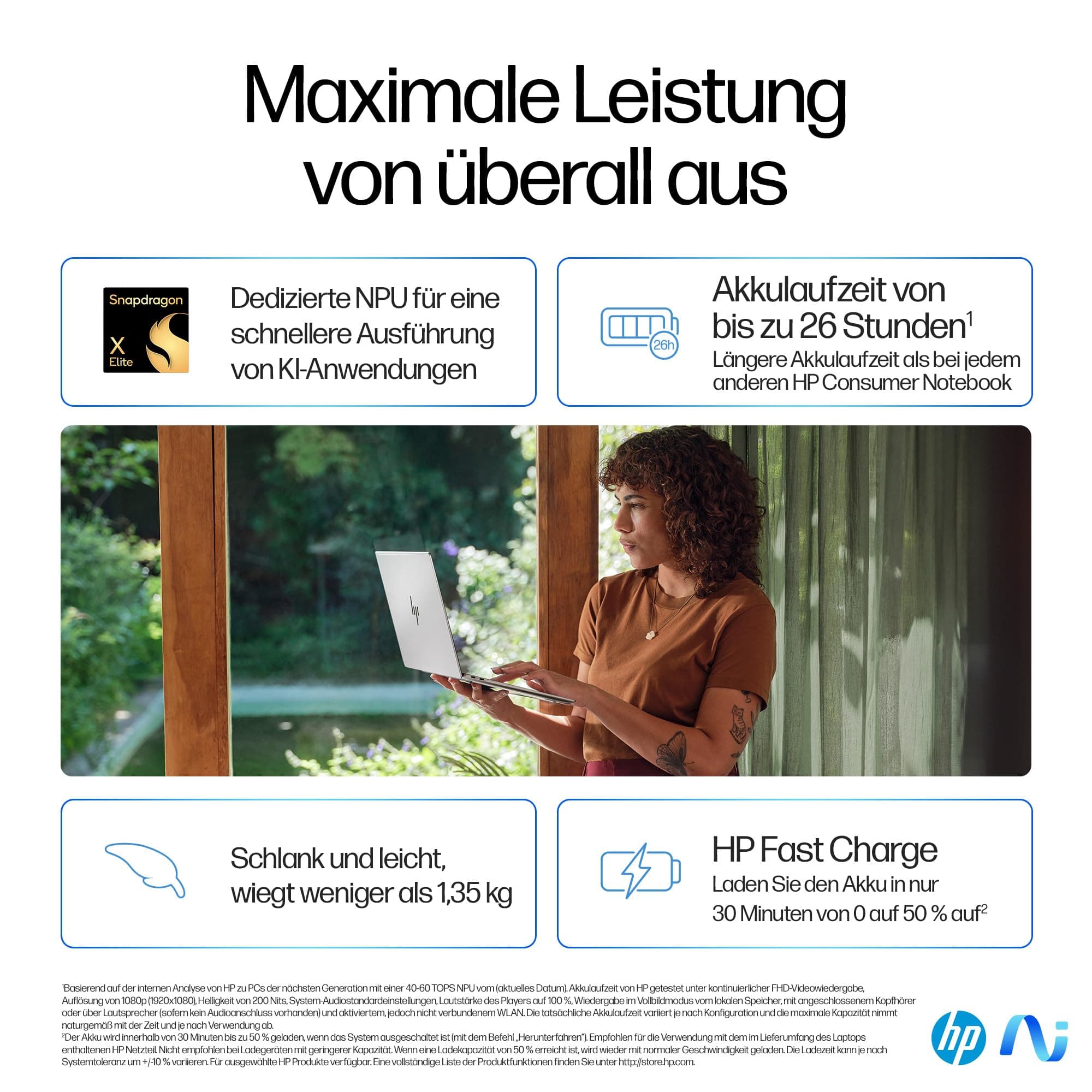 HP OmniBook X Next Gen AI Laptop | Qualcomm Snapdragon X Elite X1E-78-100 (12C) mit dedizierte NPU für KI | 45 NPU Tops | Copilot+ PC | 14" 2,2K Touchscreen | 16 GB RAM | 1TB SSD | Win11 | Silber QC Snapdragon X1E-78-100 Bild 7