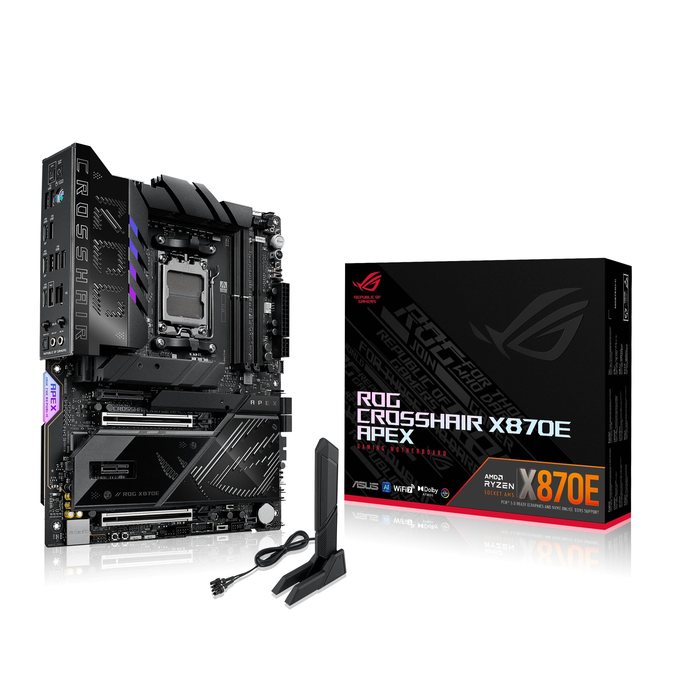 ASUS ROG Crosshair X870E APEX AMD X870E AM5 ATX Motherboard, Advanced AI PC-Ready, 18+2+2 Stufen, DDR5, ROG Memory Fan, ROG DIMM.2 Card, Wi-Fi 7, 5G LAN, 3X M.2, PCIe® 5.0, USB4®, USB Type-C®, AI OC