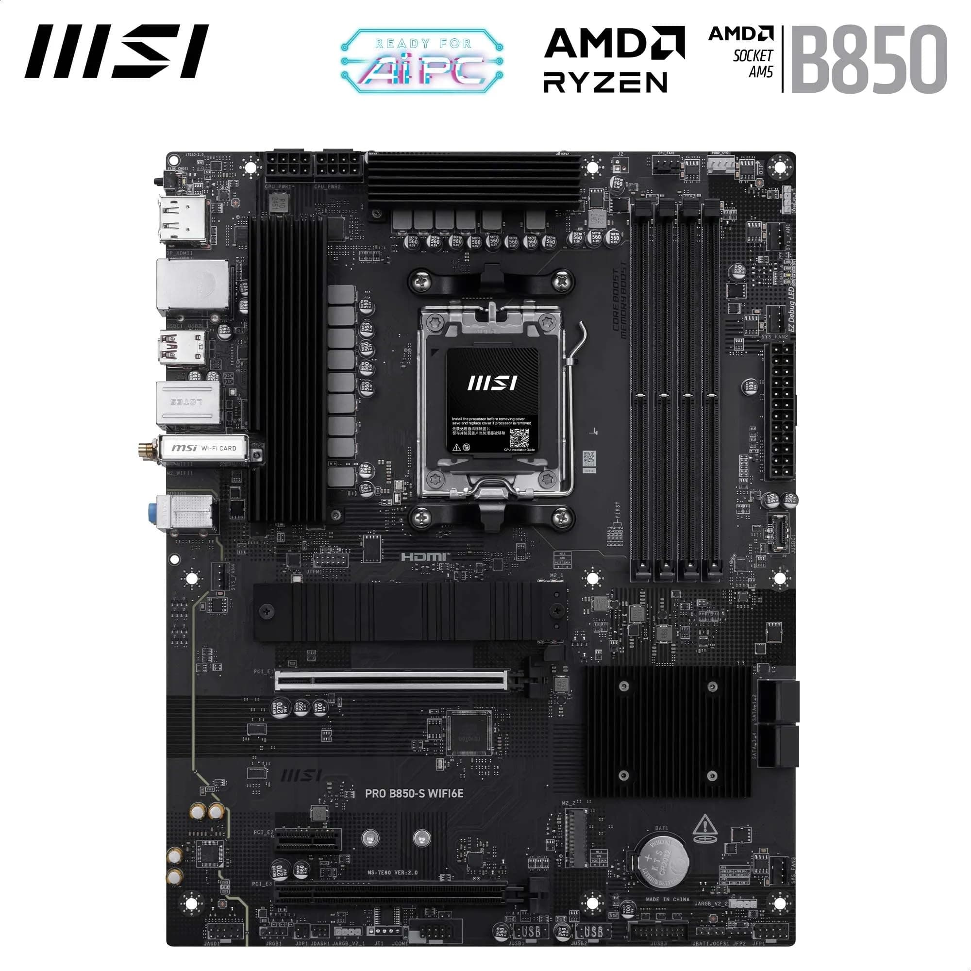 MSI PRO B850-S WIFI6E Mainboard, ATX – Unterstützt AMD Ryzen 9000/8000/7000 Prozessoren, AM5 – DDR5 Arbeitsspeicher-Boost (8200+ MT/s OC), PCIe 4.0 x16, M.2 Gen5, Wi-Fi 6E, 2,5G LAN Bild 3