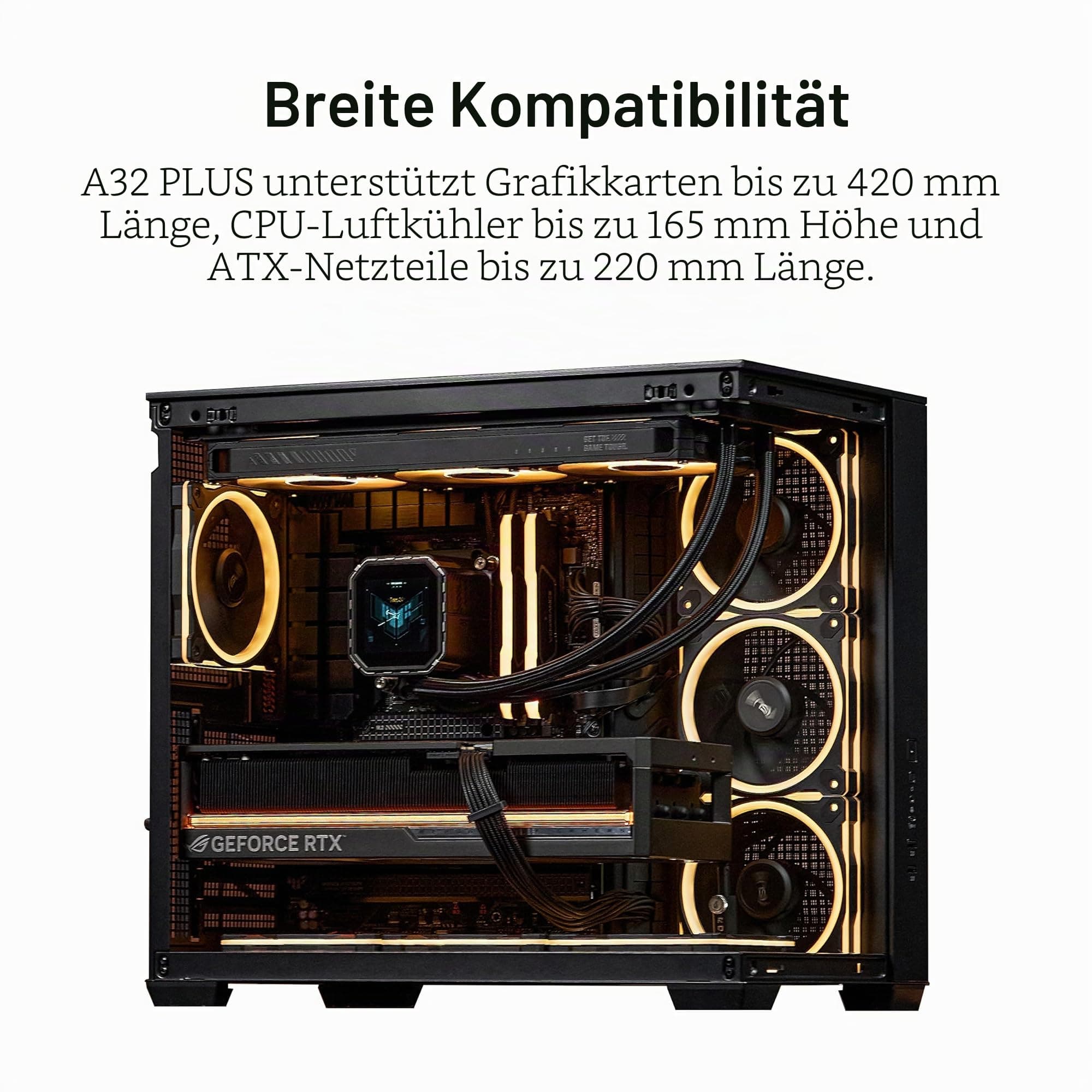 ASUS A32 Plus Black ATX-PC Gehäuse (vorinstallierte ARGB-Lüfter, Panorama-Design, Frontpanel aus Glas, kompatibel mit 360-mm-Radiatoren und 420-mm-Grafikkarten, Frontpanel USB Typ-C, Schwarz) Bild 7