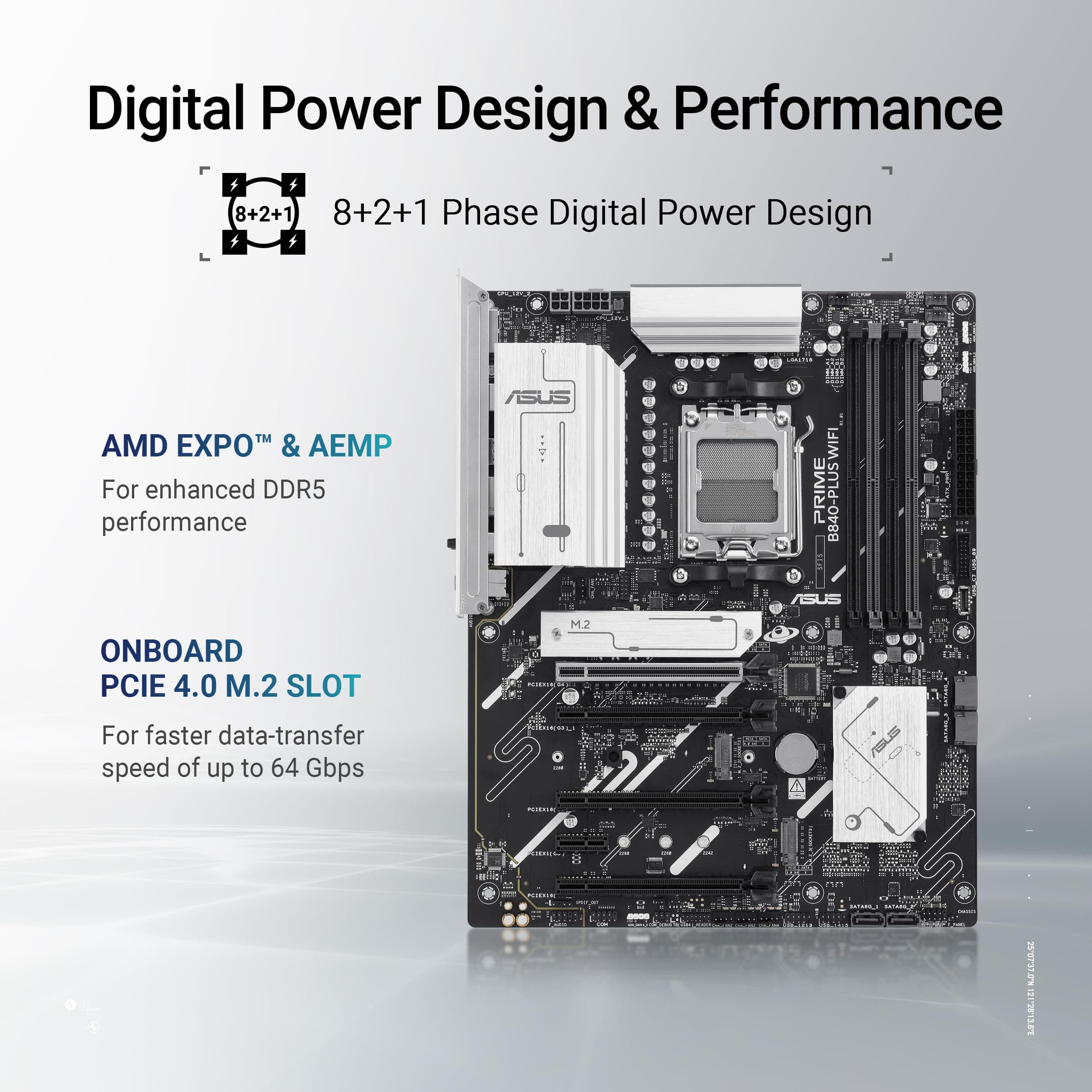 ASUS Prime B840-PLUS WiFi Mainboard Sockel AMD AM5 (AMD B840, ATX, DDR5 Speicher, 3X M.2, PCIe 4.0, WiFi 6E, Aura Sync) Bild 5
