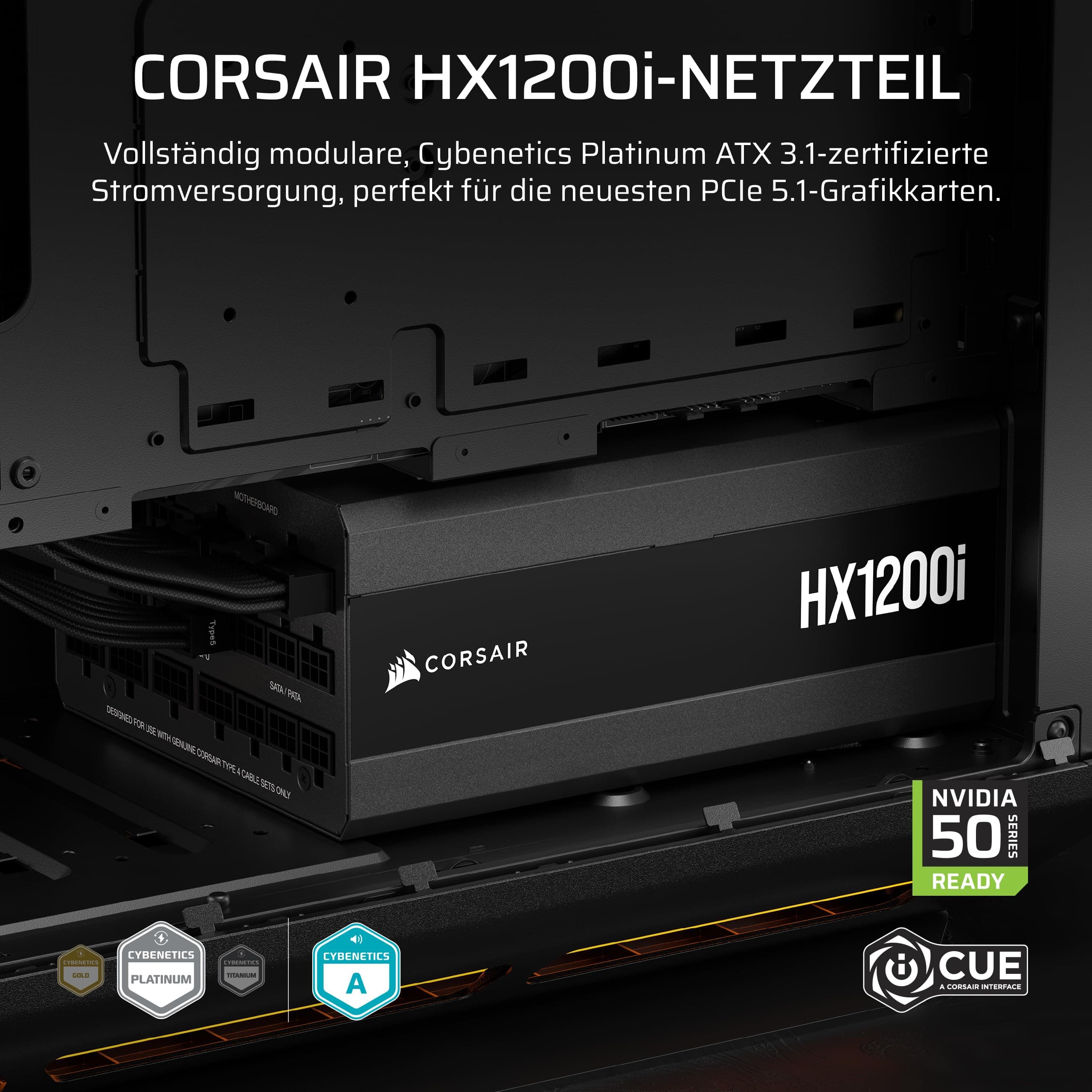 CORSAIR HX1200i (2025) Vollständig Modulares, Ultra-Rauscharmes ATX-Netzteil mit 12V-2x6-Kabel – ATX 3.1 & PCIe 5.1 konform, Cybenetics Platinum Wirkungsgrad – Schwarz | Mit Kabel, kompatibel mit ATX 3.1 und PCIe 5.1, Cybenetics Platinum Effizienz 1200 Watts Bild 3