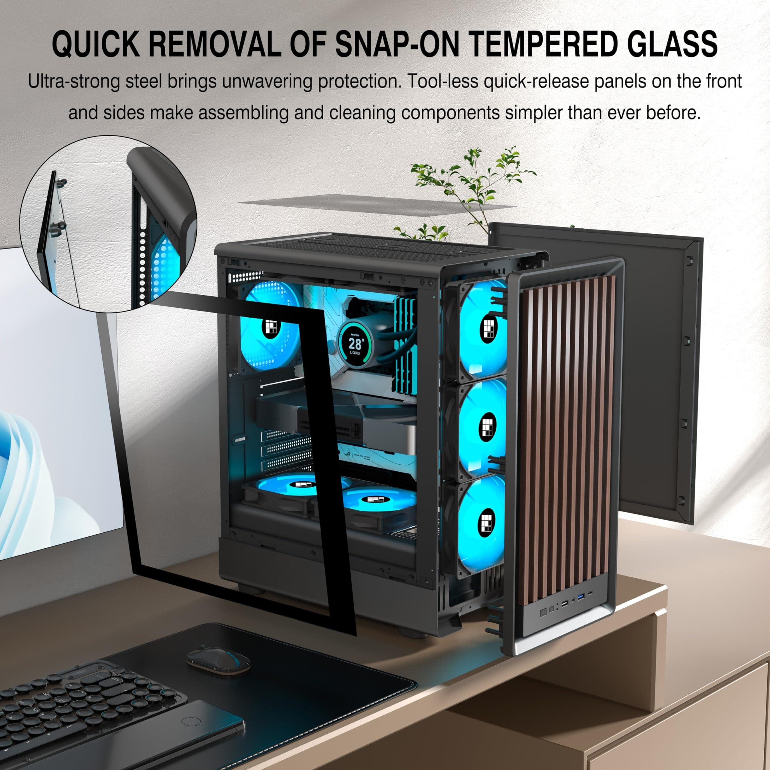 FOIFKIN M1 PC-Gehäuse ATX mit 4 PWM ARGB-Lüftern, Front aus Walnussholz,Computer Gehäuse Mid-Tower,Hoher Luftstrom,240mm Kühlerunterstützung,ATX-Gehäuse Schwarz,Gaming PC-Gehäuse,Type-C(Schwarz, M1) M1 Schwarz Bild 7