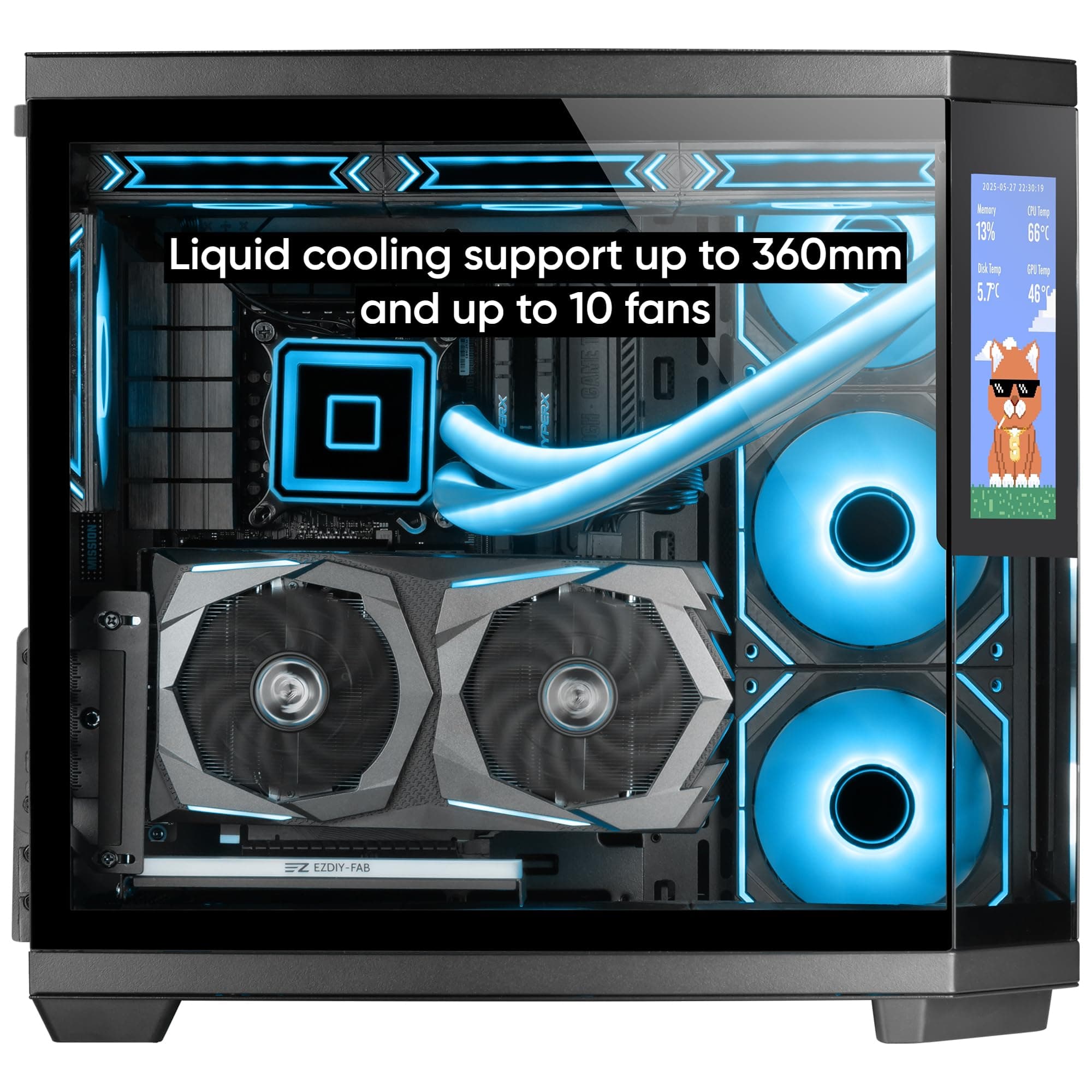 Mars Gaming MC-3TCORELCD ATX Gaming-Gehäuse, anpassbarer 7,2" IPS-Bildschirm, dreifaches herausnehmbares gehärtetes Glas, Doppelkammerstruktur, Unterstützung für Flüssigkeitskühlung bis 360mm, Schwarz Bild 7