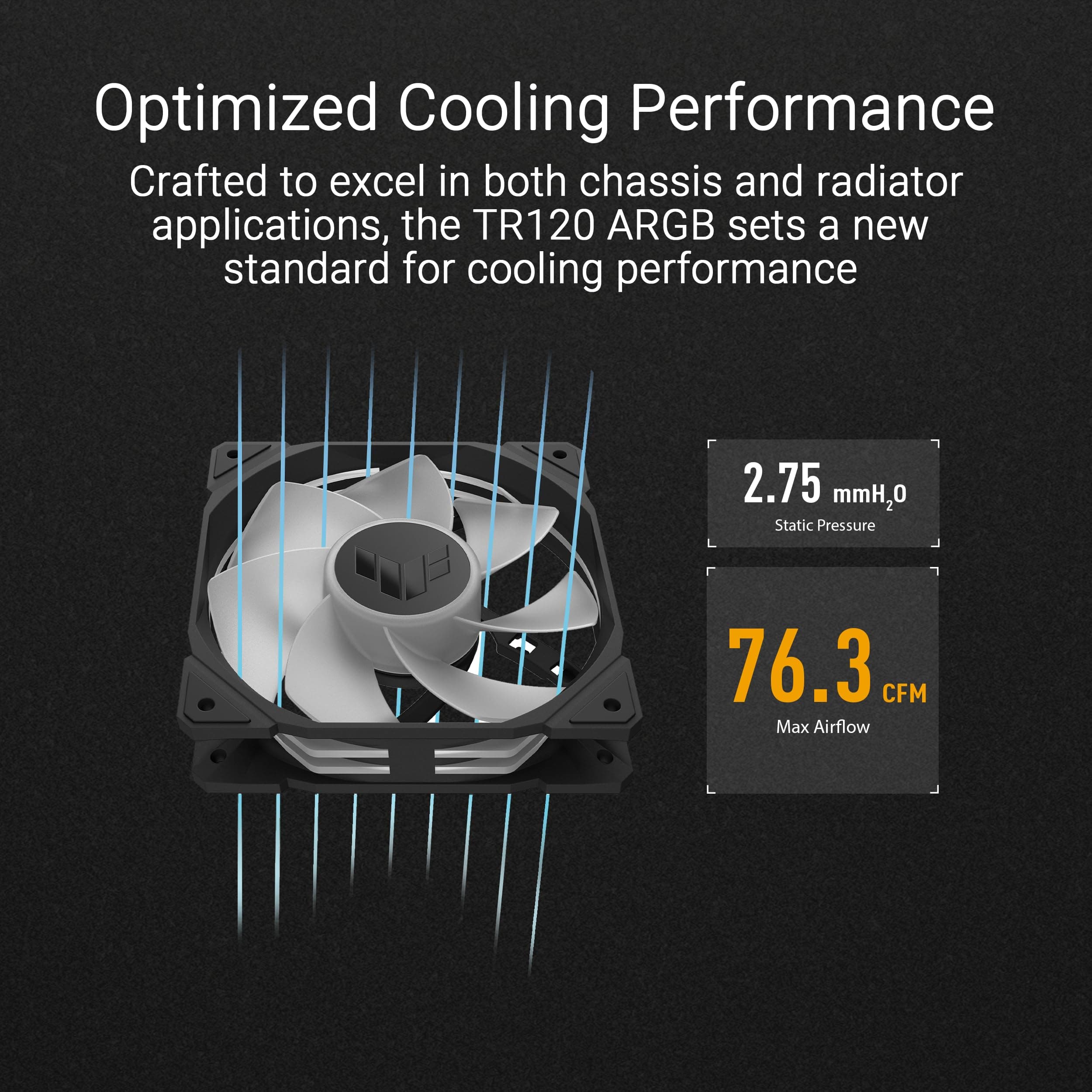 ASUS TUF Gaming TR120 ARGB Reverse Blade Black Gehäuselüfter Single Pack (120mm PWM PC Lüfter, 2000 RPM, 2.75 mm H2O, 76,3 CFM Luftstrom, 16 einzeln adressierbare RGB-LEDs, schwarz) Bild 6