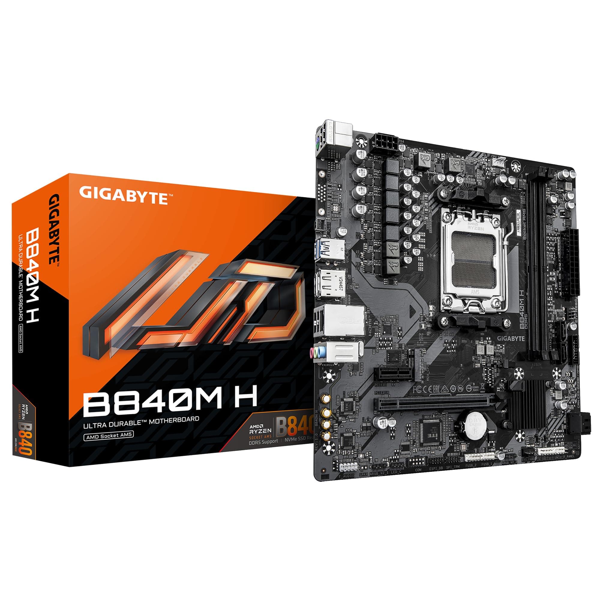 GIGABYTE B840M H Mainboard - AMD Ryzen 9000 CPUs, 5+2+2 Phasen VRM, bis zu 7200MHz DDR5 (O.C), 1xPCIe 4.0 M.2, 1GbE LAN, USB 3.2 Gen 1 Bild 2