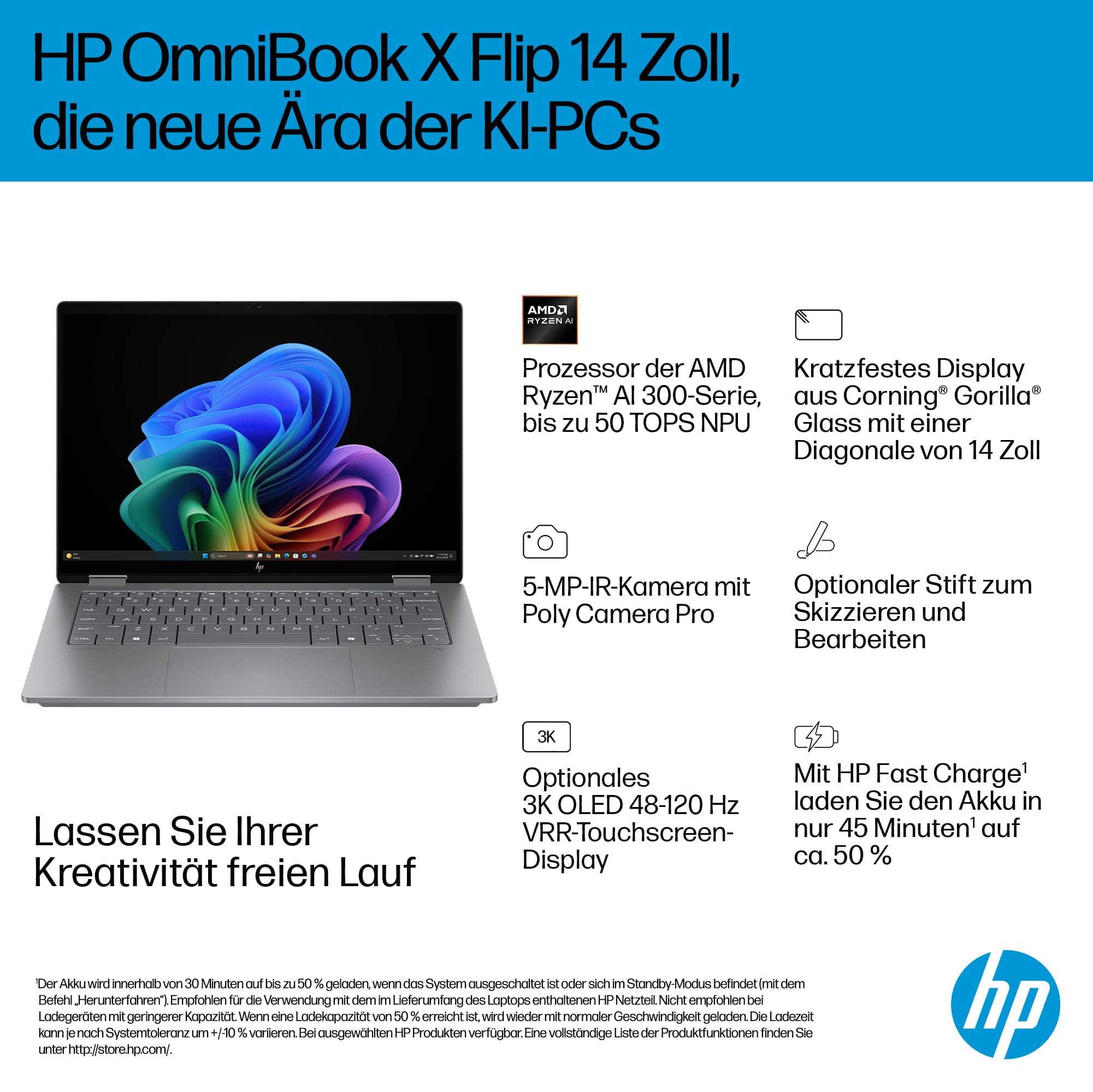 HP OmniBook X Flip 2-in-1 Laptop (14" 2K Touchscreen, AMD Ryzen AI 7, Copilot+, 16GB RAM, 512GB, Win11, QWERTZ) - Silber AMD Ryzen AI 7 350 512 GB SSD Bild 2