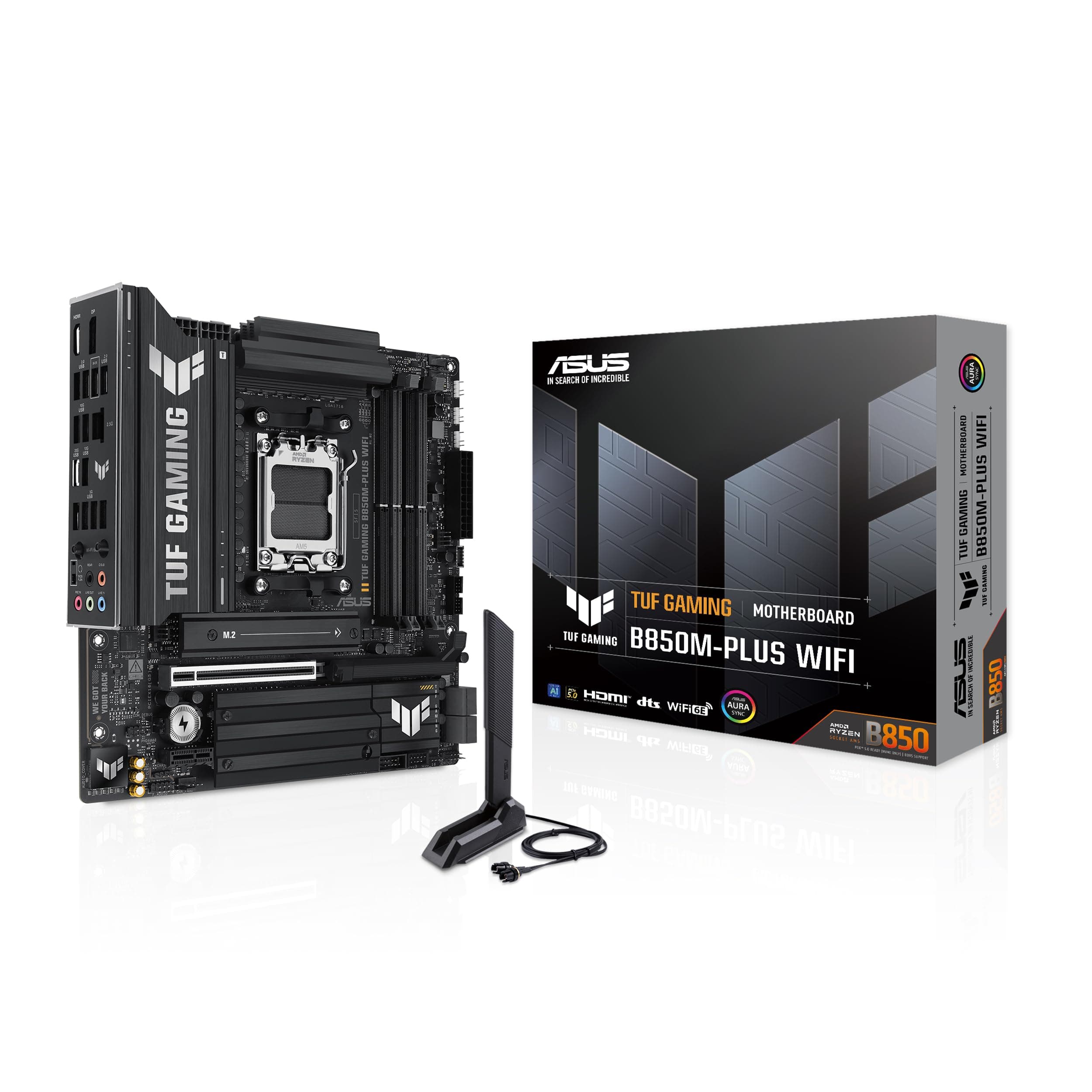 ASUS TUF Gaming B850M-PLUS WiFi AMD AM5 B850 mATX Motherboard, 14+2+1 80A DrMOS Stages, DDR5, PCIe 5.0, 3X M.2, Wi-Fi 6E, 2.5Gb LAN, DP, HDMI™, USB 10Gbps & 20Gbps Type-C®, BIOS Flashback™, Aura Sync Bild 2