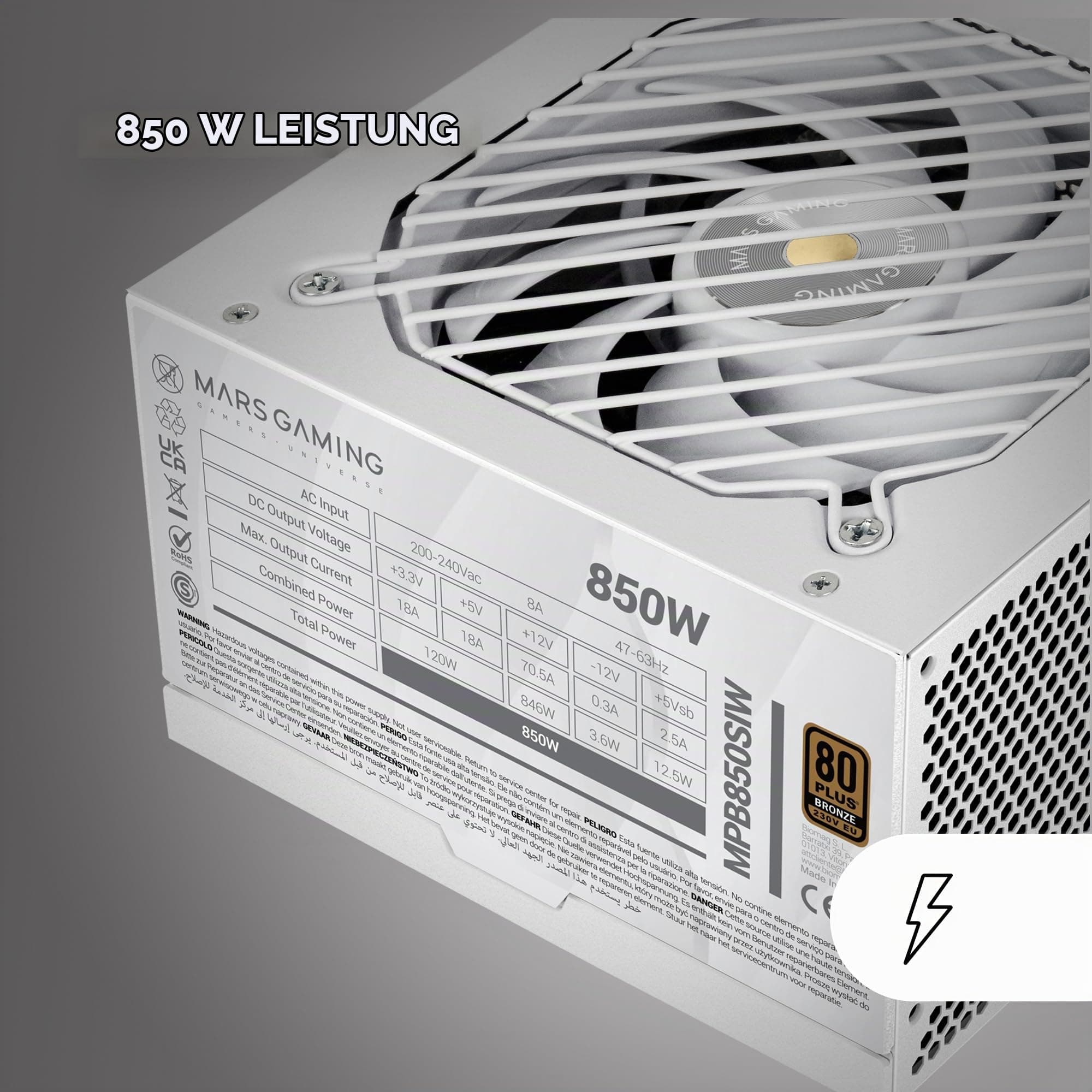MARSGAMING MPB850SI, PC-ATX-Netzteil 850W, 7 Jahre Garantie, 80Plus Bronze 230V, 90% Effizienz, SI Extreme Silence Lüfter mit Kupferkern, AI2-RPM-, DC-DC- und SMD-Technologien, Weiß MPB850SIW Bild 7