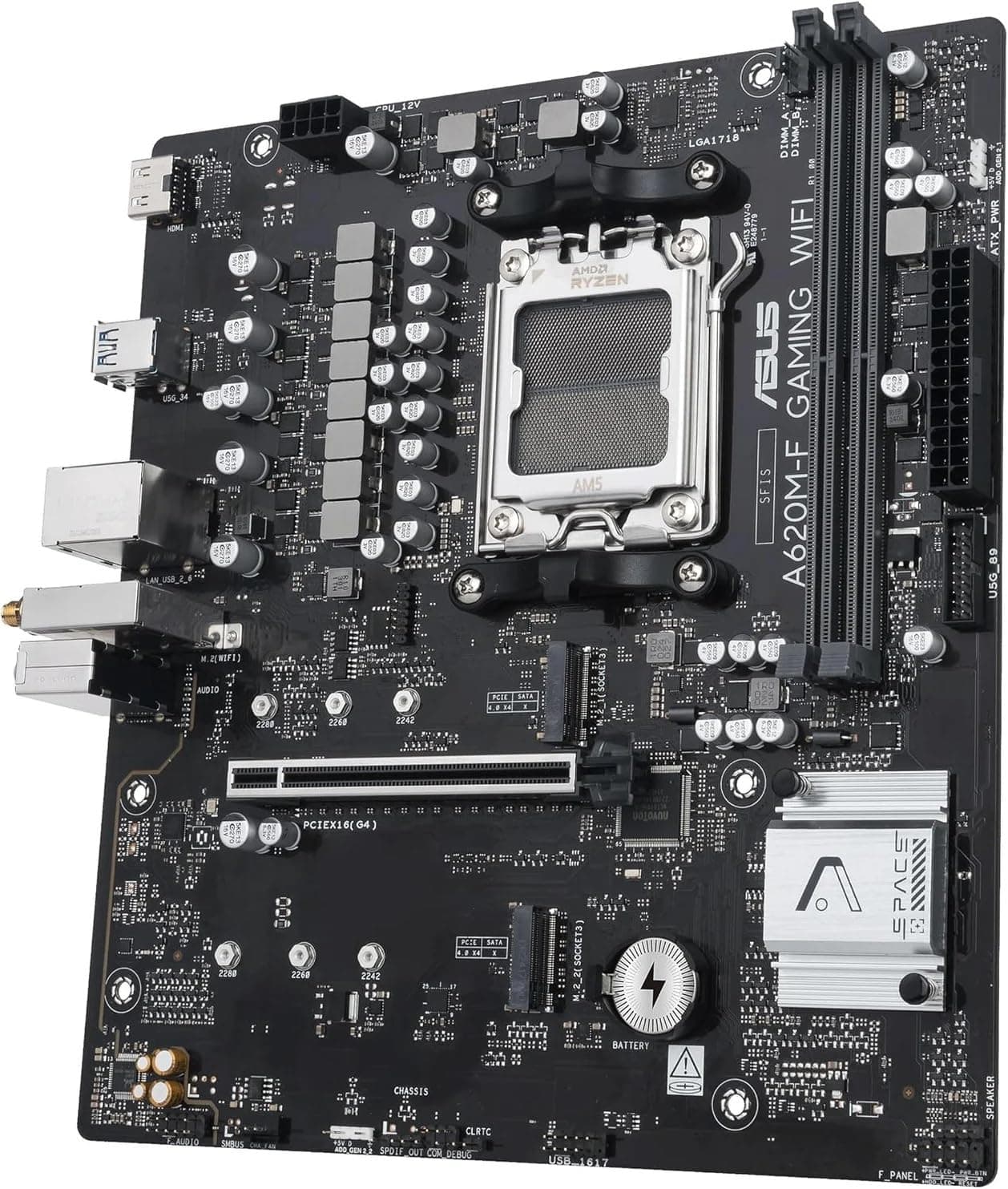 ASUS A620M-F Gaming WiFi Mainboard, AMD mATX, DDR5, 2X M.2 PCIe 4.0, HDMI, 2.5GB Ethernet, USB 3.2 Gen 1 Type-A, SafeSlot Core+, Q-DIMM, Q-LED Core, Q-Slot, ASUS 5X Protection III, Armoury Crate Bild 7