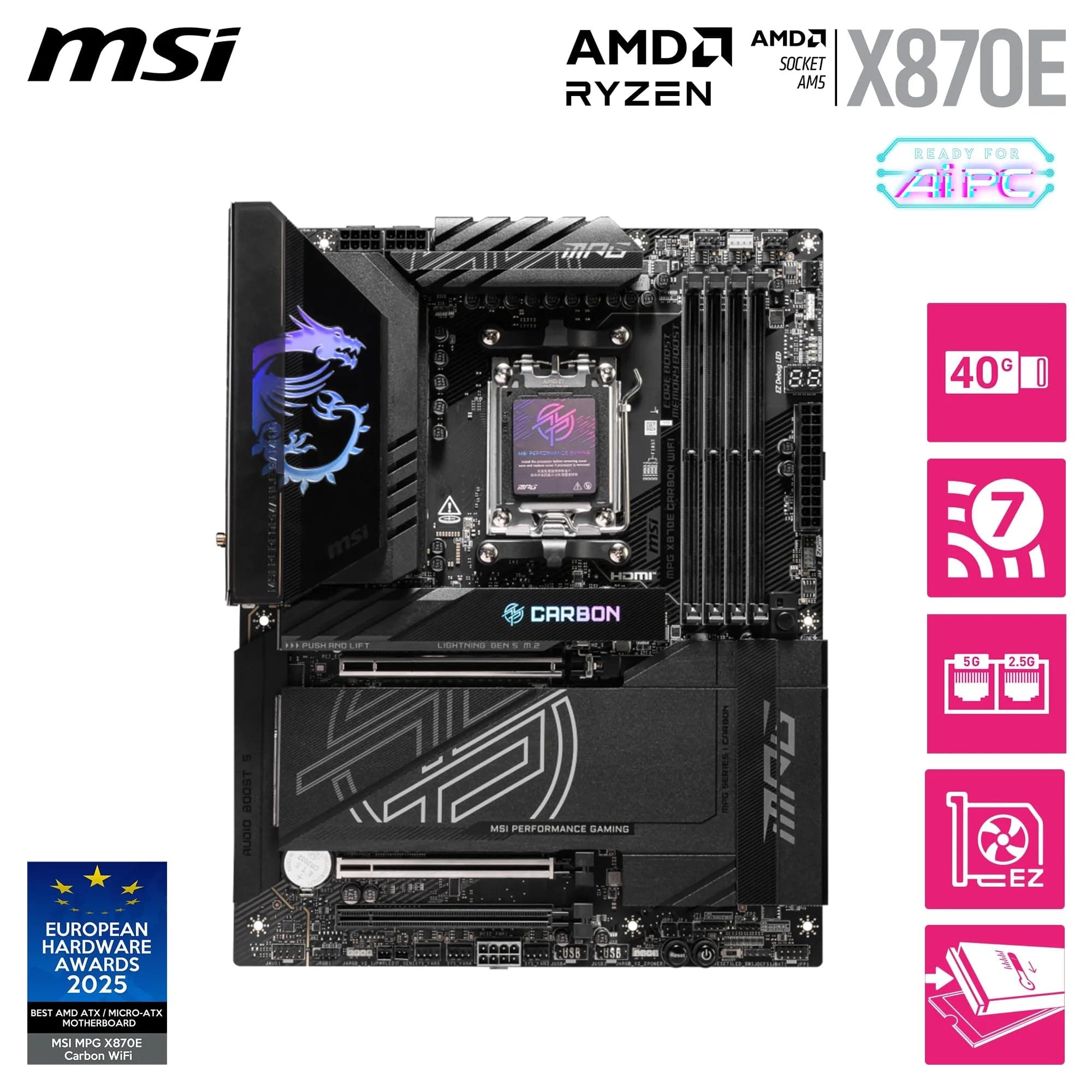 MSI MPG X870E Carbon WiFi Mainboard, ATX - Unterstützt AMD Ryzen 9000/8000/7000 Prozessoren, AM5-110A SPS VRM, DDR5 Memory Boost 8400+MT/s (OC), PCIe 5.0 x16 & 4.0 x16, M.2 Gen5, Wi-Fi 7, 5G LAN Bild 3