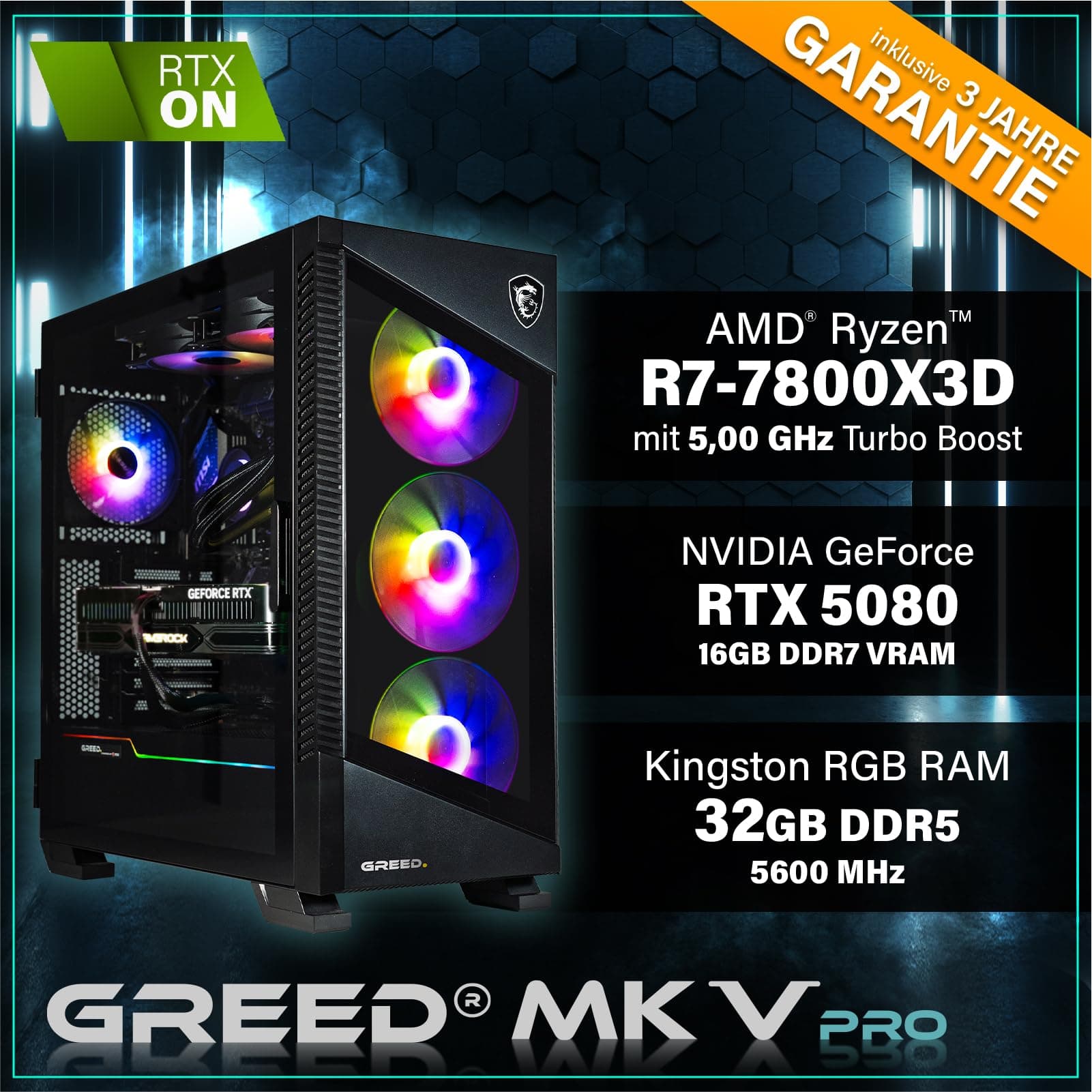 Greed® MK5 Pro - High End Gaming PC - AMD Ryzen 7 7800X3D + Nvidia Geforce RTX 5080 16GB - Schneller RGB Computer + 4K Raytracing Rechner - 5,0 GHZ - 32 GB DDR5 RAM - 2TB SSD - WLAN + W11 Pro MK5 PRO | 5080 AMD Bild 3
