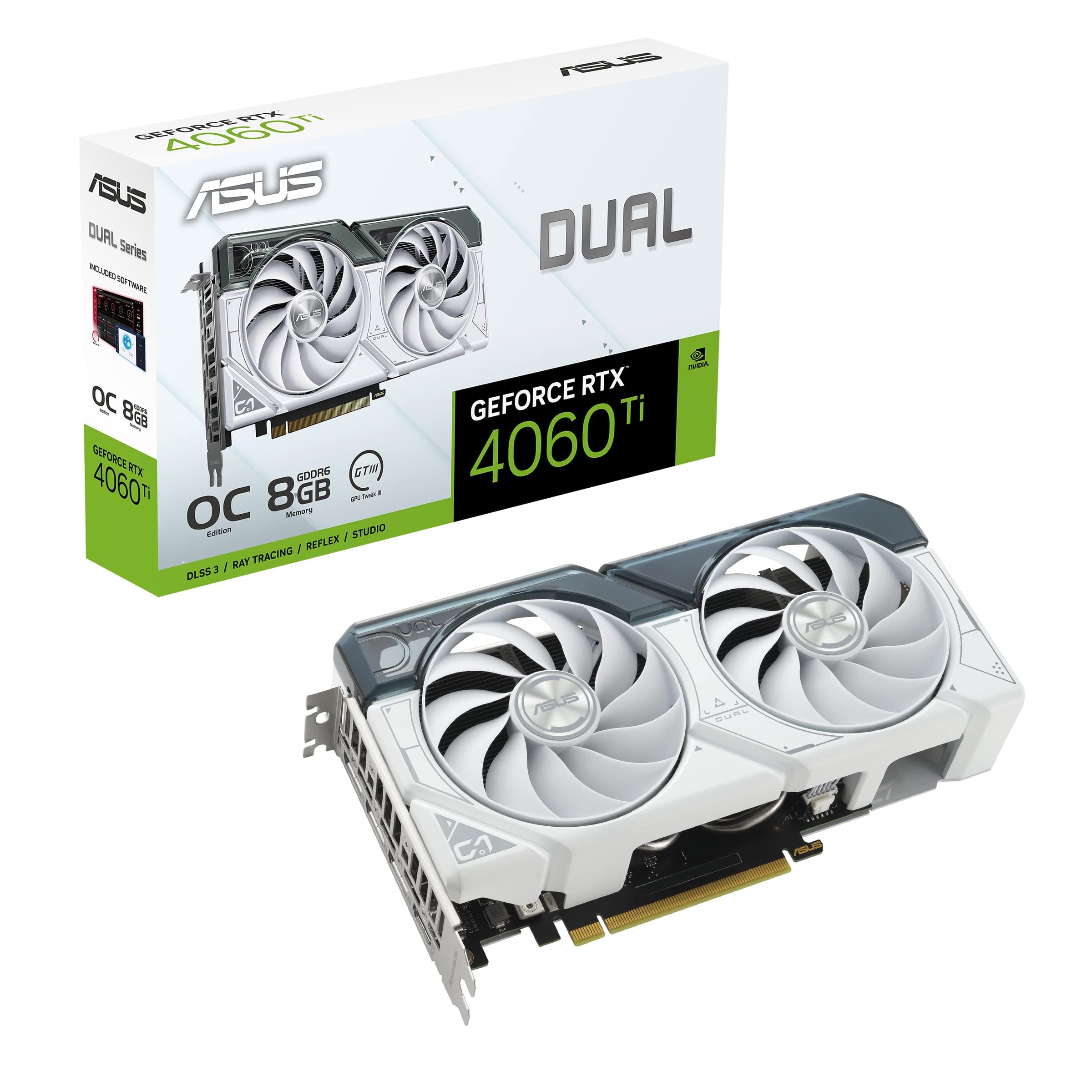 ASUS Dual GeForce RTX™ 4060 Ti White OC Edition 8GB GDDR6 (PCIe 4.0, 8GB GDDR6, DLSS 3, HDMI 2.1, DisplayPort 1.4a, Axial-Tech-Lüfterdesign, 0dB Technologie und mehr) Weiß RTX 40Ti Serie RTX4060Ti|OC|8GB Weiss/opulenter Garten