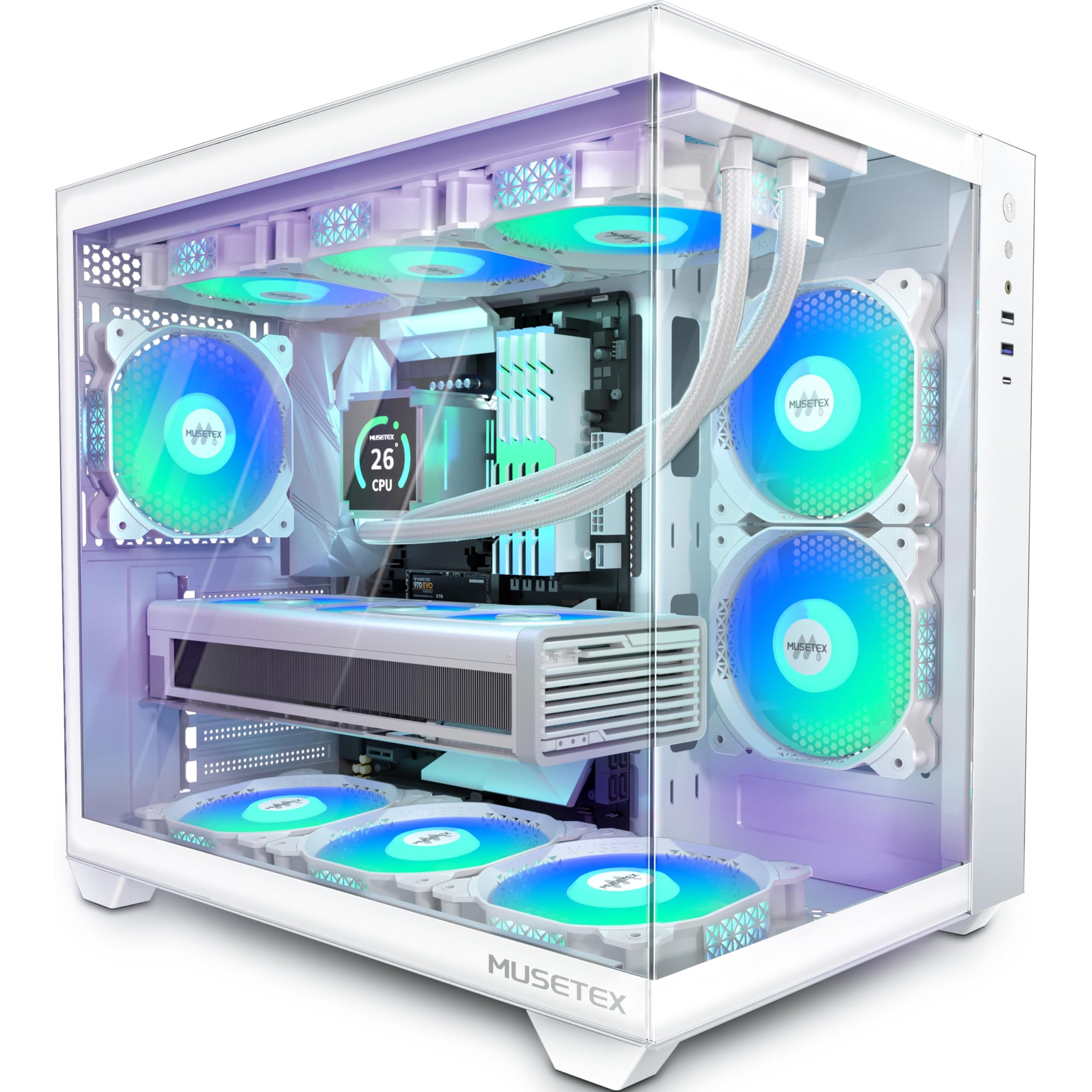 MUSETEX PC Gehäuse ATX,6 PWM ARGB Lüfter vorinstalliert,360MM Rad Unterstützung,Type-C Gaming Gehäuse,270° Full View Tempered Glass Mid Tower PC-Gehäuse,Reinweißes ATX Gehäuse,Y6 Bild 2