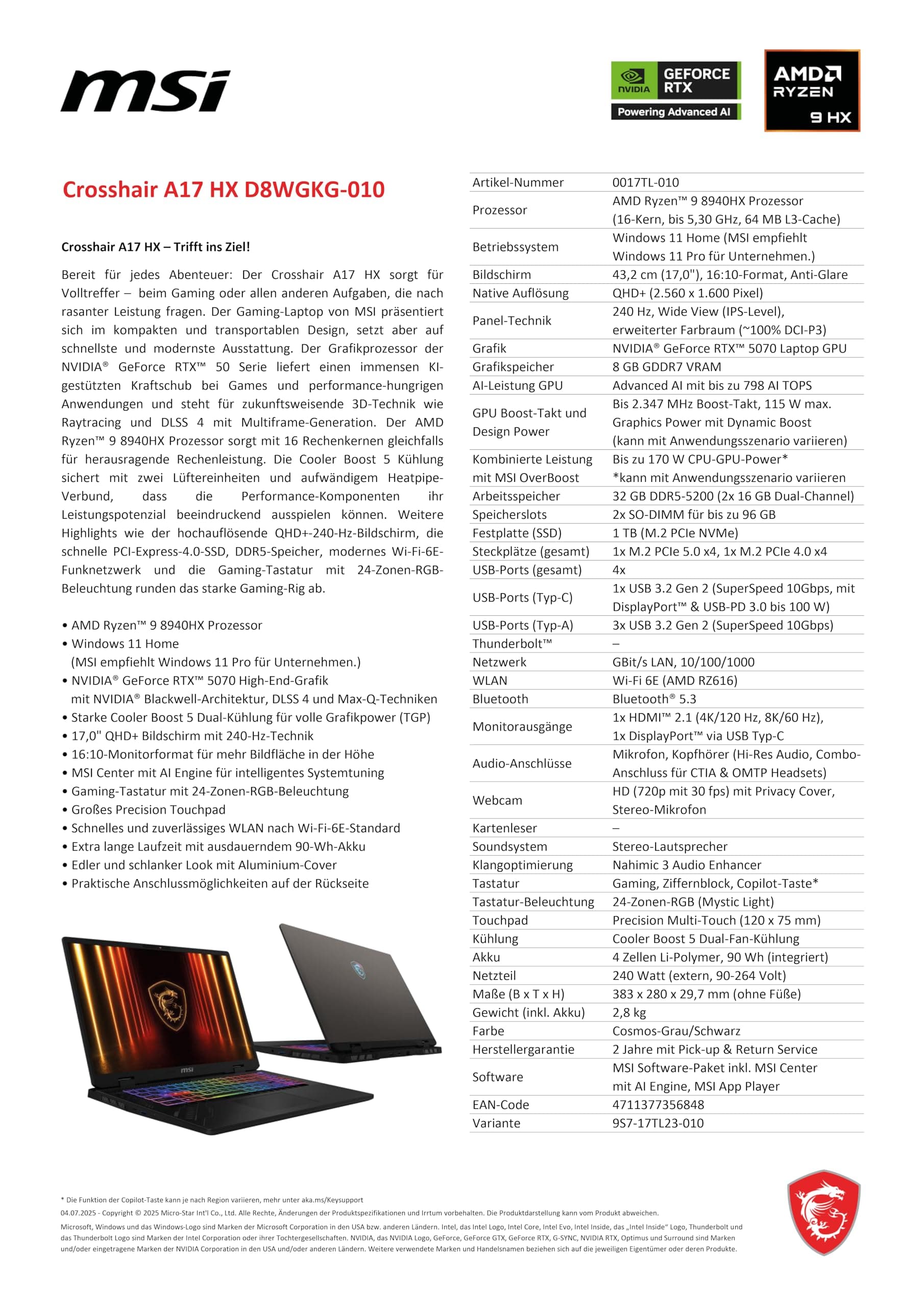 MSI Crosshair A17 HX, Gaming-Laptop, 17" QHD+ 240 Hz Display, AMD Ryzen™ 9 8940HX, NVIDIA GeForce RTX 5070, 32 GB RAM, 1 TB SSD, Windows 11 Home, QWERTZ Tastatur, Cosmos Grau, D8WGKG-010 AMD Ryzen™ 9 8940HX Processor RTX5070 Bild 5