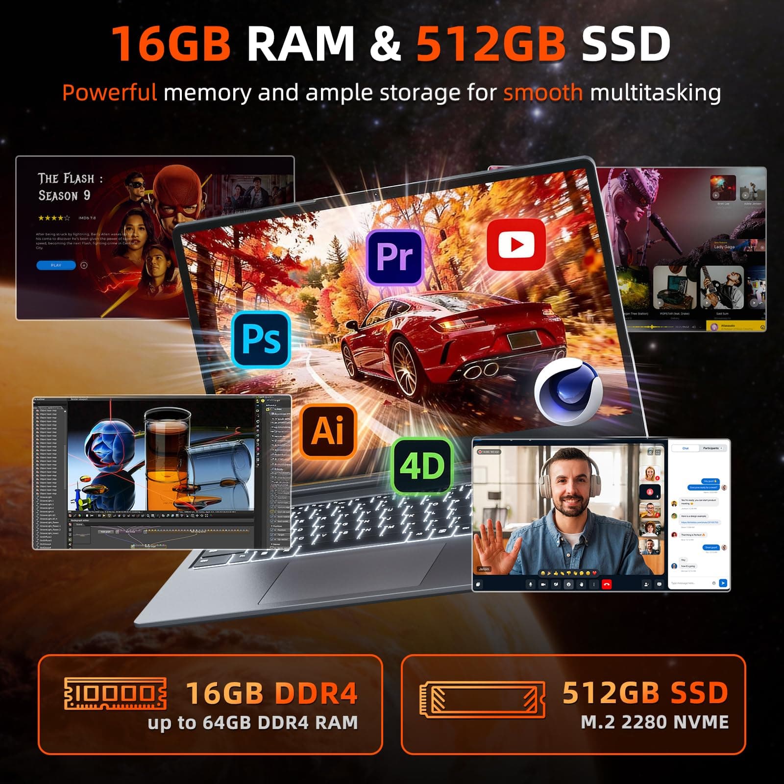 15.6 Zoll Laptop 16GB RAM 512GB ROM, Enthaltene AI Copilot, AMD R5 (übertrifft i5-13420H, bis zu 3.6GHz), FHD Display Notebook, WiFi 6 USB 3.0, Full-Function Type-C Schwarz 15.6 Zoll Bild 6