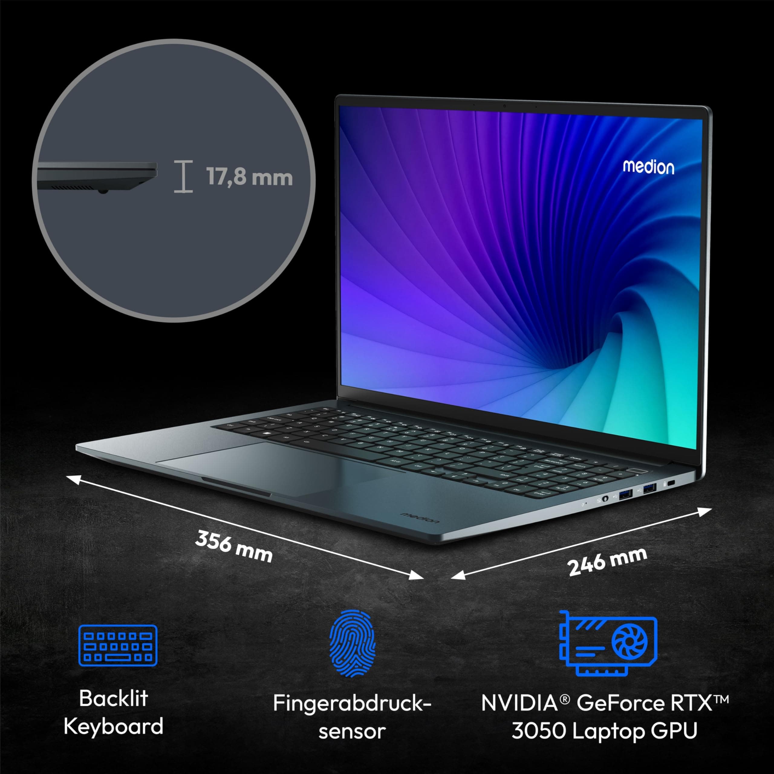 MEDION 40,6 cm (16 Zoll QHD+ 120Hz) P10 Laptop (Intel Core i7-13620H, 16GB DDR5 RAM, 1TB PCIe SSD, GeForce RTX 3050 4GB GDDR6, 100% sRGB, FHD Webcam, WLAN, Win 11) Intel core i7 13. Gen 16.0 GB 1000.0 GB Nvidia Geforce RTX 3050 MD62615 Bild 3