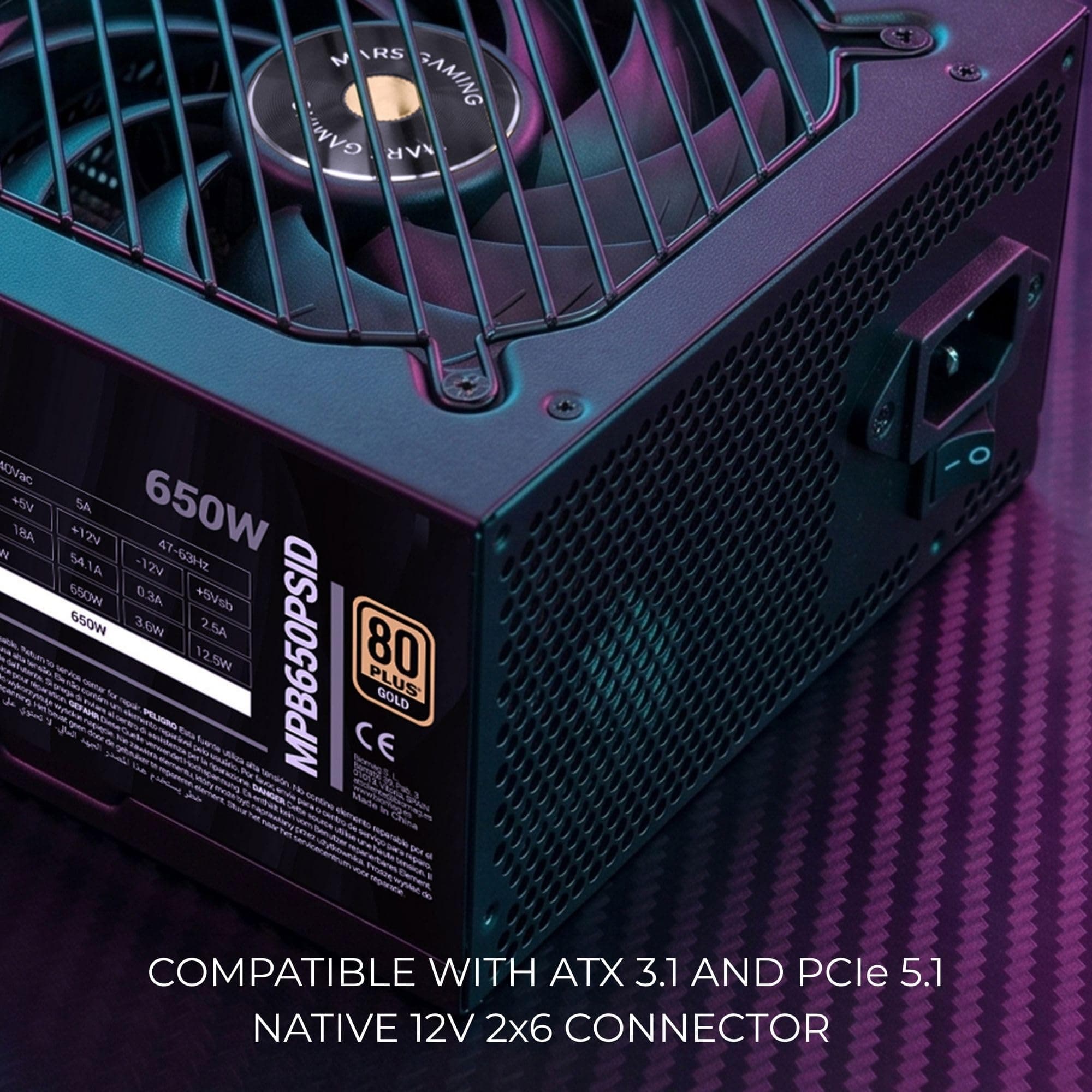 Mars Gaming MPB650PSID, PC-Netzteil 650W, 10 Jahre Garantie, 80Plus Gold 90%, Lüfter SI Extreme Silence, Technologien AI2-RPM, DC-DC und SMD, Anschlüsse ATX 3.1 und PCIe 5.1, Schwarz Bild 7